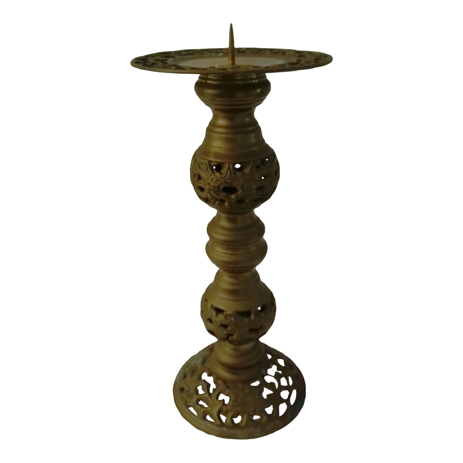 1970s Ornate Indian Brass Candle Holder: Ornate perforated generous size solid brass candle holder. Holds one pillar candle. Condition: Alterations: Original Condition Unaltered Imperfections: Some Imperfections Condition Notes: patina to