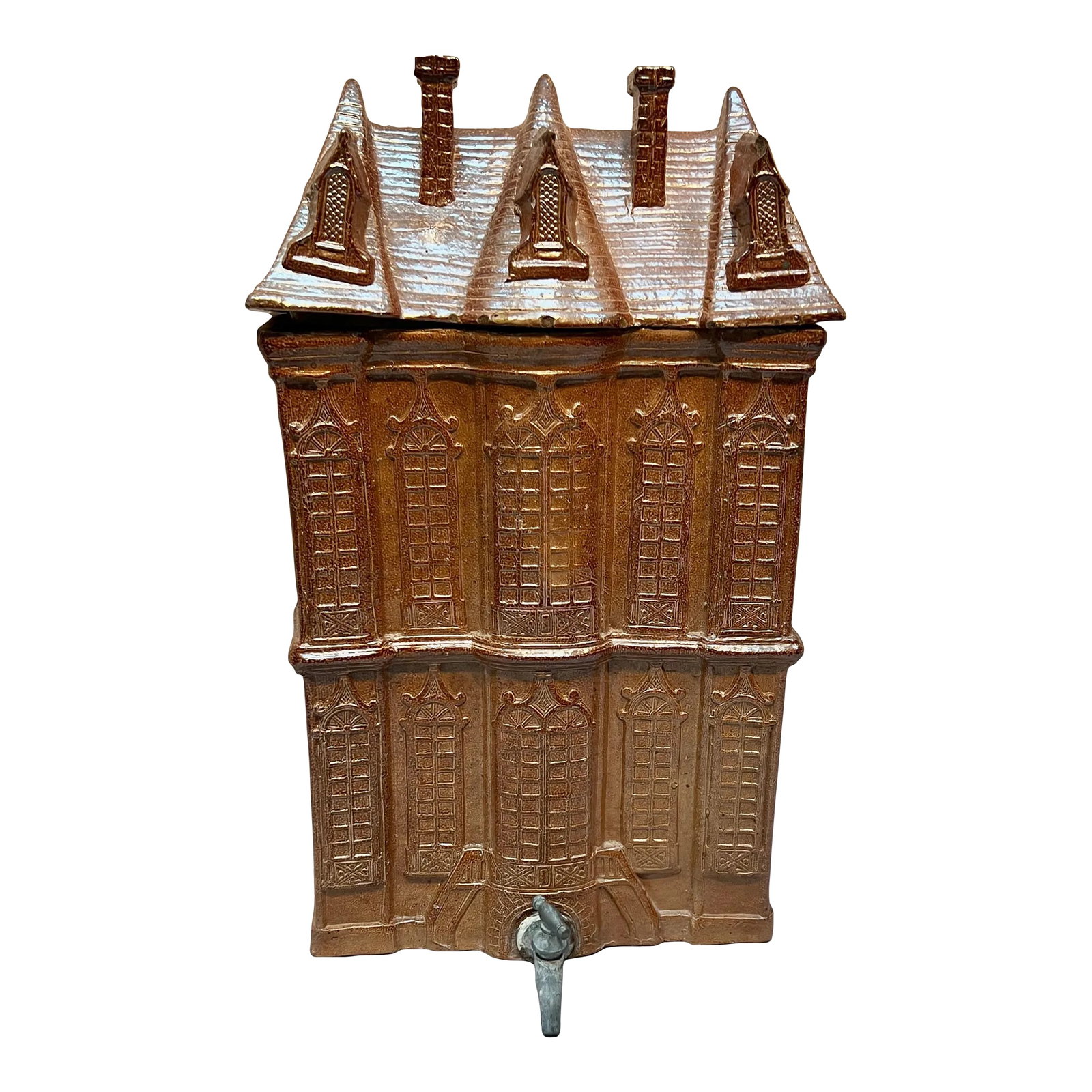 Early 19th Century English Wall Hanging Pottery Cistern: Rare Early 19th century English wall hanging pottery cistern. Of the only comparable found was this one is of a much finer quality in terms of the modeling. It is doubtful that many of these have