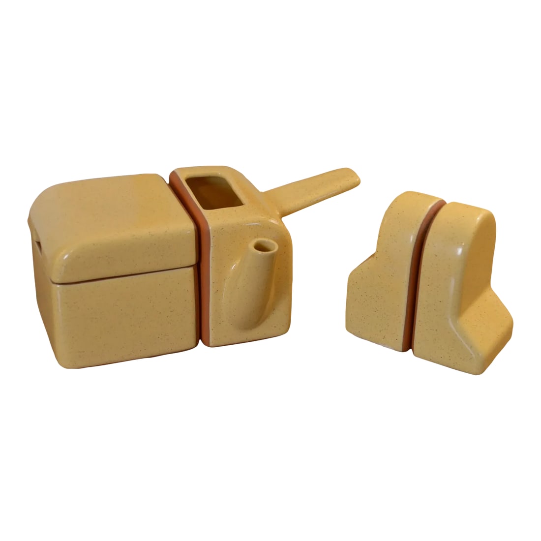 Early 21st Century Postmodern Handmade and Signed Cream and Sugar, Salt and Pepper Set 4 Pieces: Super fun set of salt and pepper shakers and cream and sugar pots. Each piece is handmade and signed, 2000/2001. Style merges southwestern and postmodern decor creating a futuristic, minimalist look w