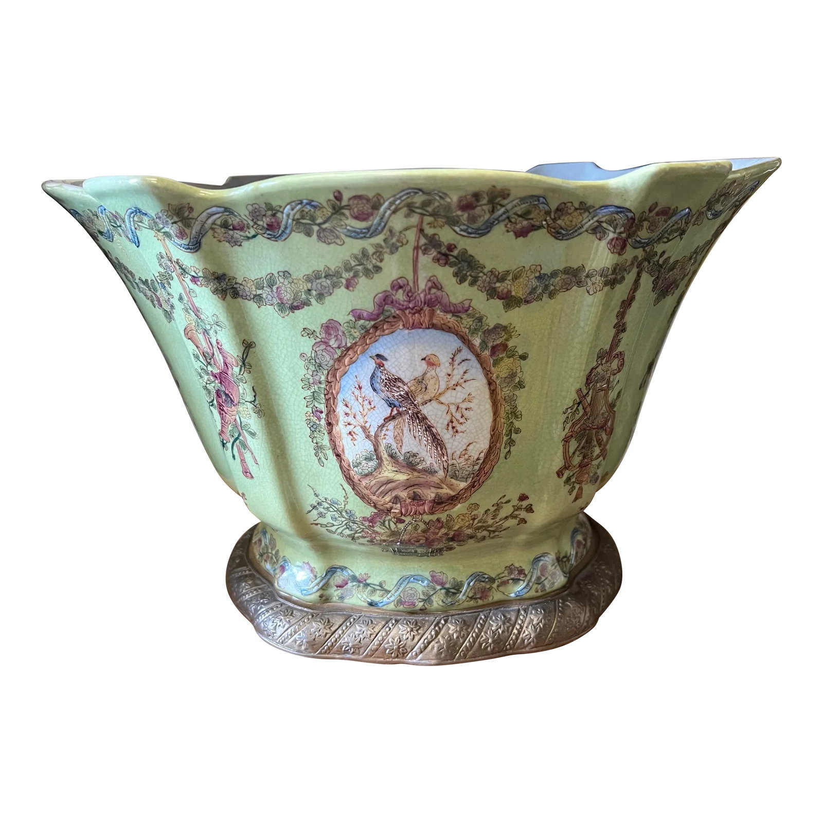 Antique Green Pheasant Bird and Floral Garland Porcelain Bowl / Brass Footed Cache Pot / Jardiniere: Hard to overstate how stunning this piece is. A truly ELEGANT decor object to place on mantle, entry hall, sofa table or chest with Plant or Fruit, Arrangement or just to display on its own. Antique G