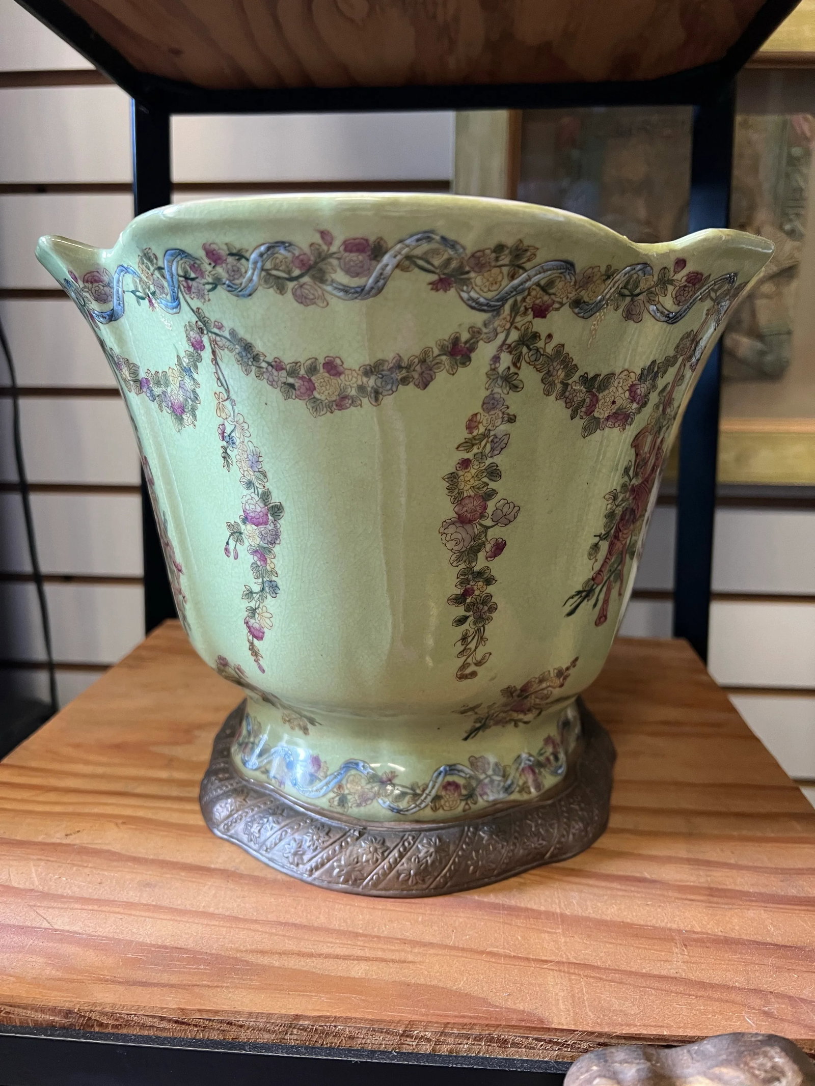 Antique Green Pheasant Bird and Floral Garland Porcelain Bowl / Brass Footed Cache Pot / Jardiniere - 2