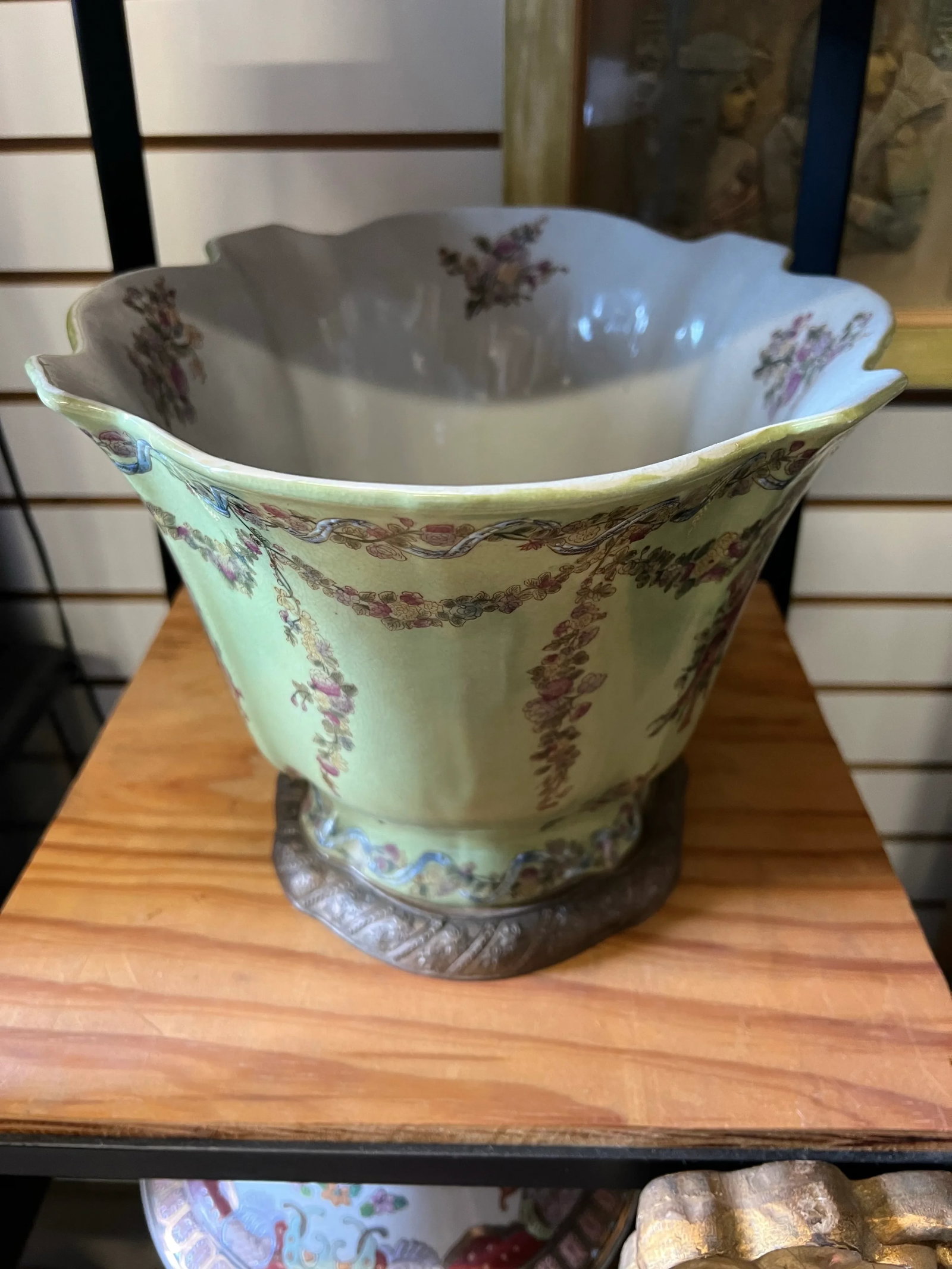 Antique Green Pheasant Bird and Floral Garland Porcelain Bowl / Brass Footed Cache Pot / Jardiniere - 3