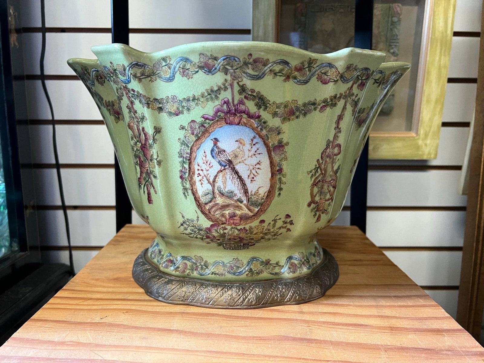 Antique Green Pheasant Bird and Floral Garland Porcelain Bowl / Brass Footed Cache Pot / Jardiniere - 4