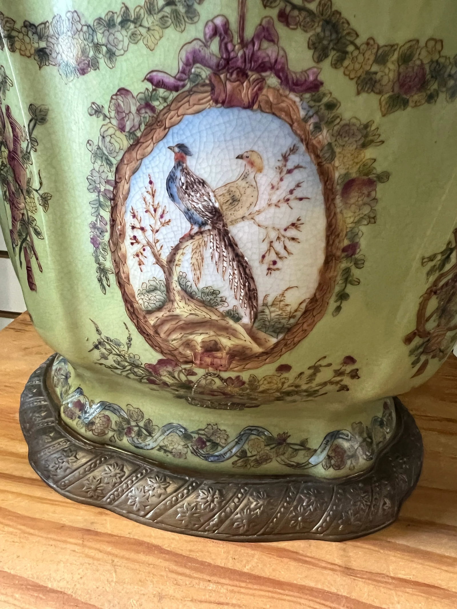 Antique Green Pheasant Bird and Floral Garland Porcelain Bowl / Brass Footed Cache Pot / Jardiniere - 5