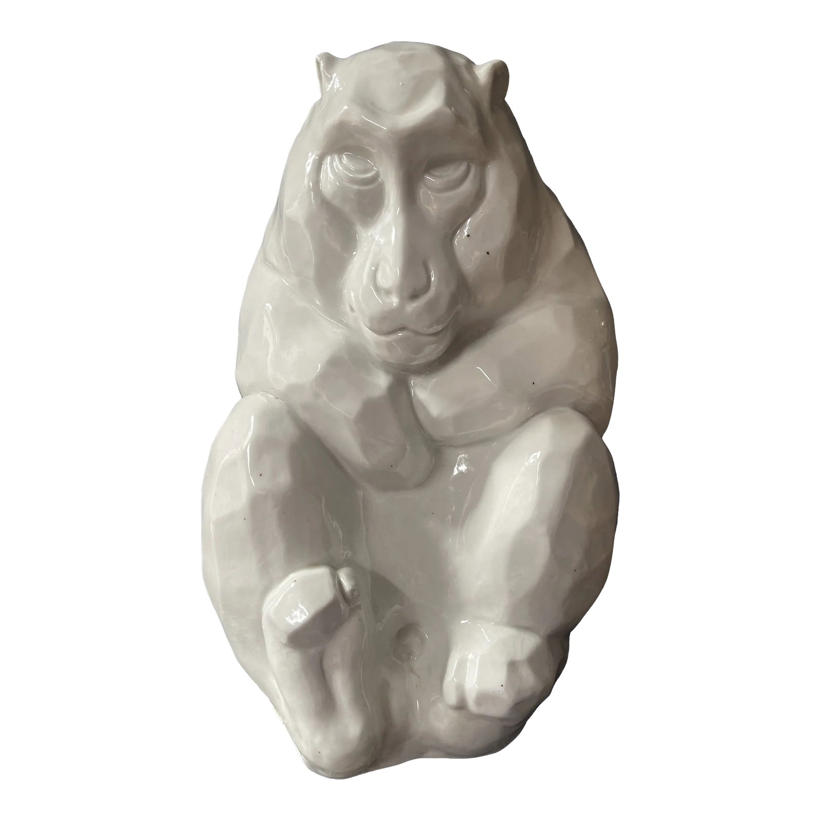 Mid 20th Century Japanese Kutani White Snow Monkey Sculpture: Stunning sculpture , all in a crisp white glaze, of a snow monkey sitting. Very sculpted and textured appeal. Lovely art to display in a shelf 10" tall x 6" x 6" Signed by artist on bottom in clay Ver
