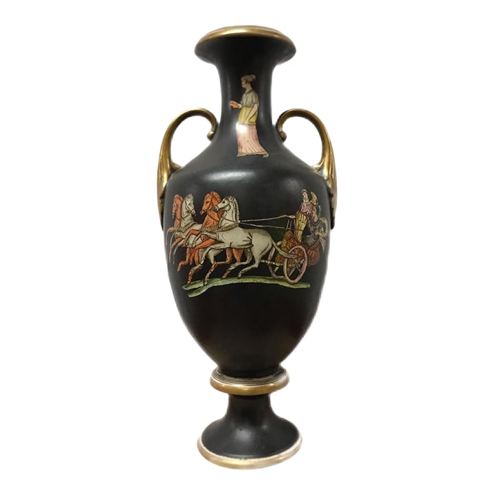 Antique Italian Neoclassical Basalt Grecian Style Porcelain Urn Vase: Amazing piece of Neo Classical art. The illustrations on this piece are quite beautiful and very interesting. The urn styled vase stands 16 inches tall and 7 inches wide. This was made in the mid to