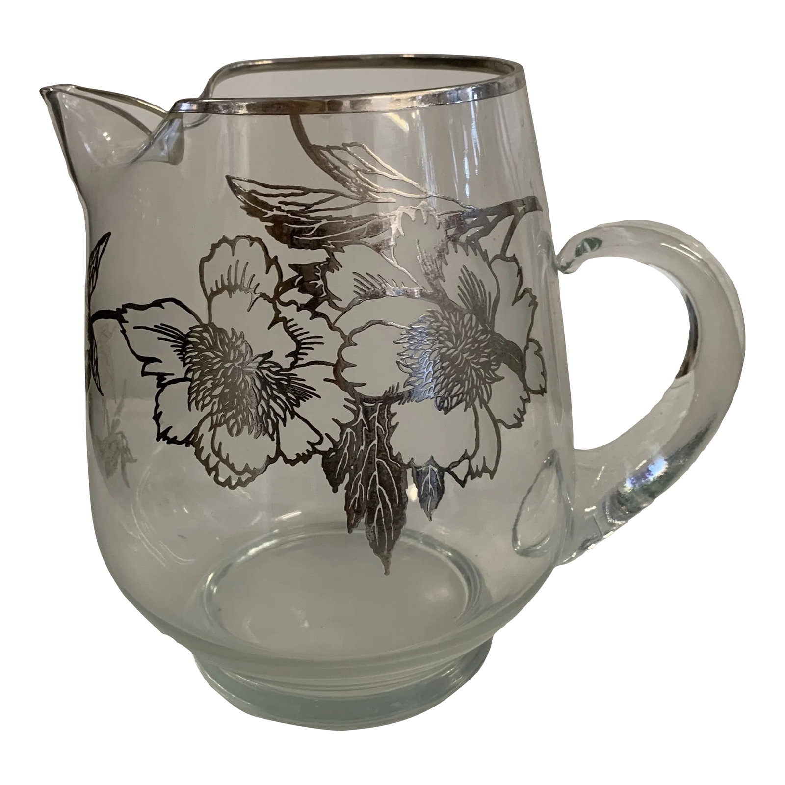 1960s Dorothy Thorpe Glass and Sterling Silver Overlay Beverage Pitcher: 1960s glass and sterling silver overlay Peony floral motif beverage pitcher by Dorothy Thorpe. Condition: Alterations: Original Condition Unaltered Imperfections: Some Imperfections Condition Notes: