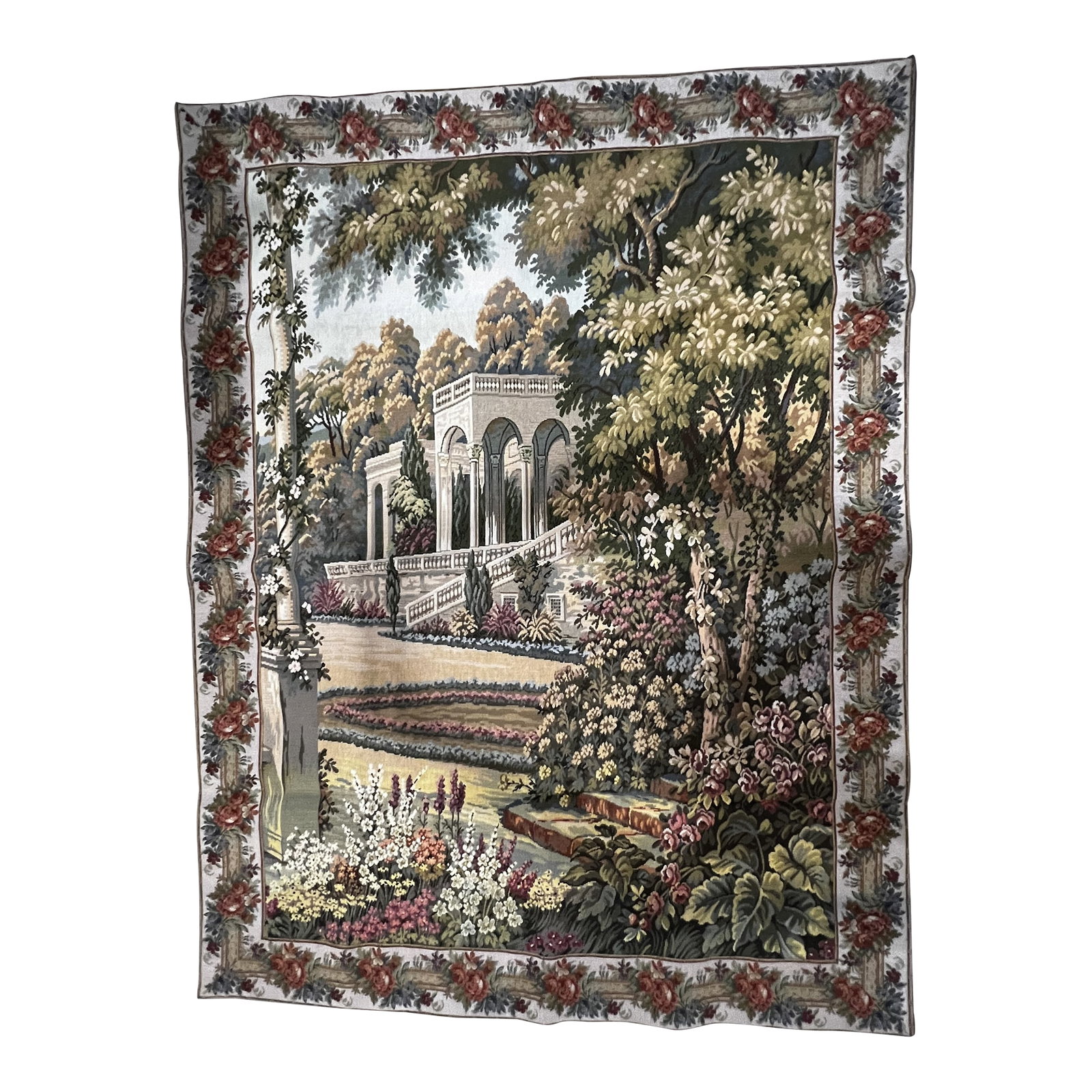 1990s Lake Como Garden Tapestry: This scene is the view from the garden of a villa on the shores of Lake Como in Northern Italy. This beautiful tapestry is woven on a jacquard loom by skilled weavers. This tapestry is fully lined inc