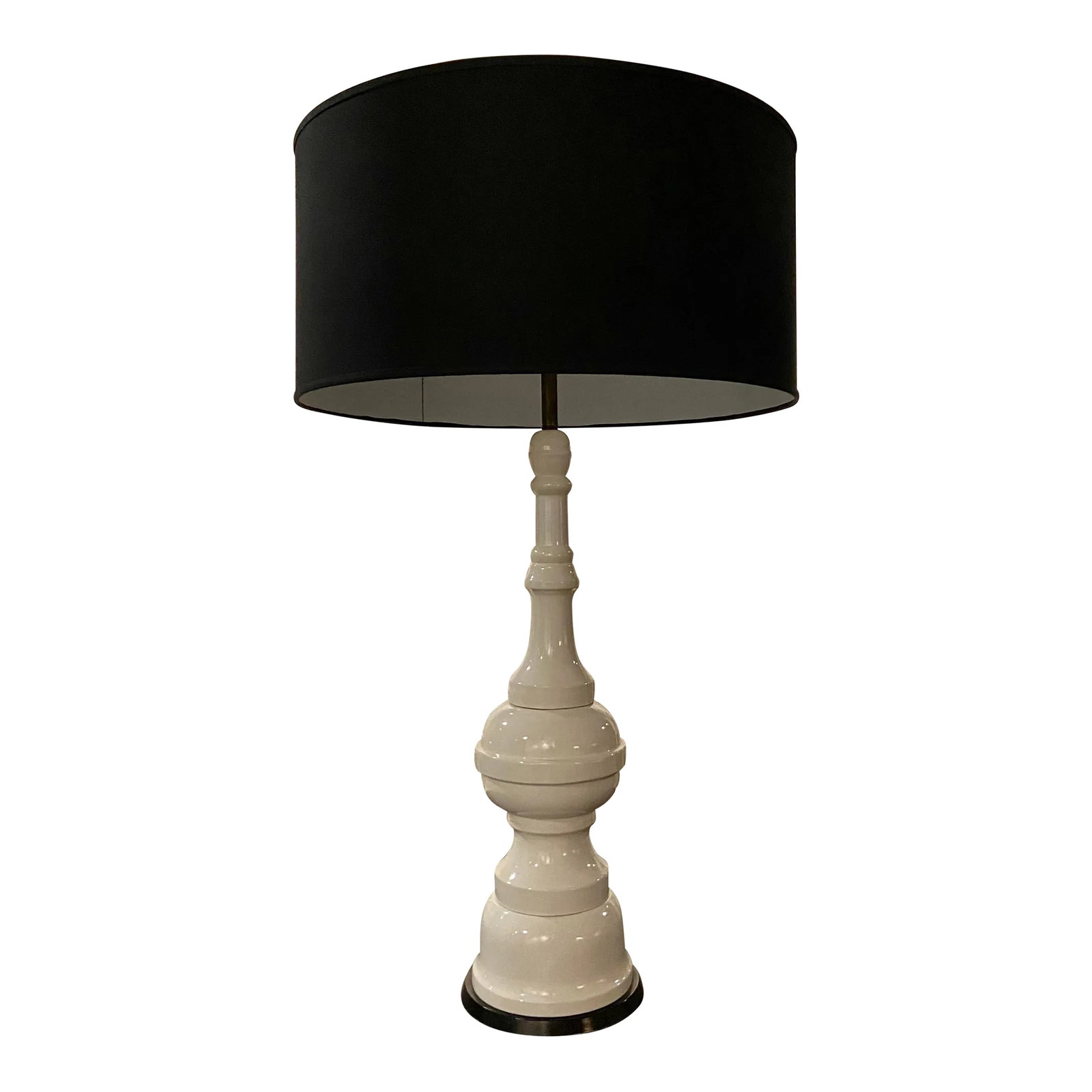 Large Midcentury Ivory Crackle Glaze Large Scale Lamp With Custom Shade: Amazing scale at 51 inches tall, this Midcentury lamp (table or floor) has crackle glaze finish over the ceramic multi layered body. Sculptural in silhouette and simple in design it's a statement.