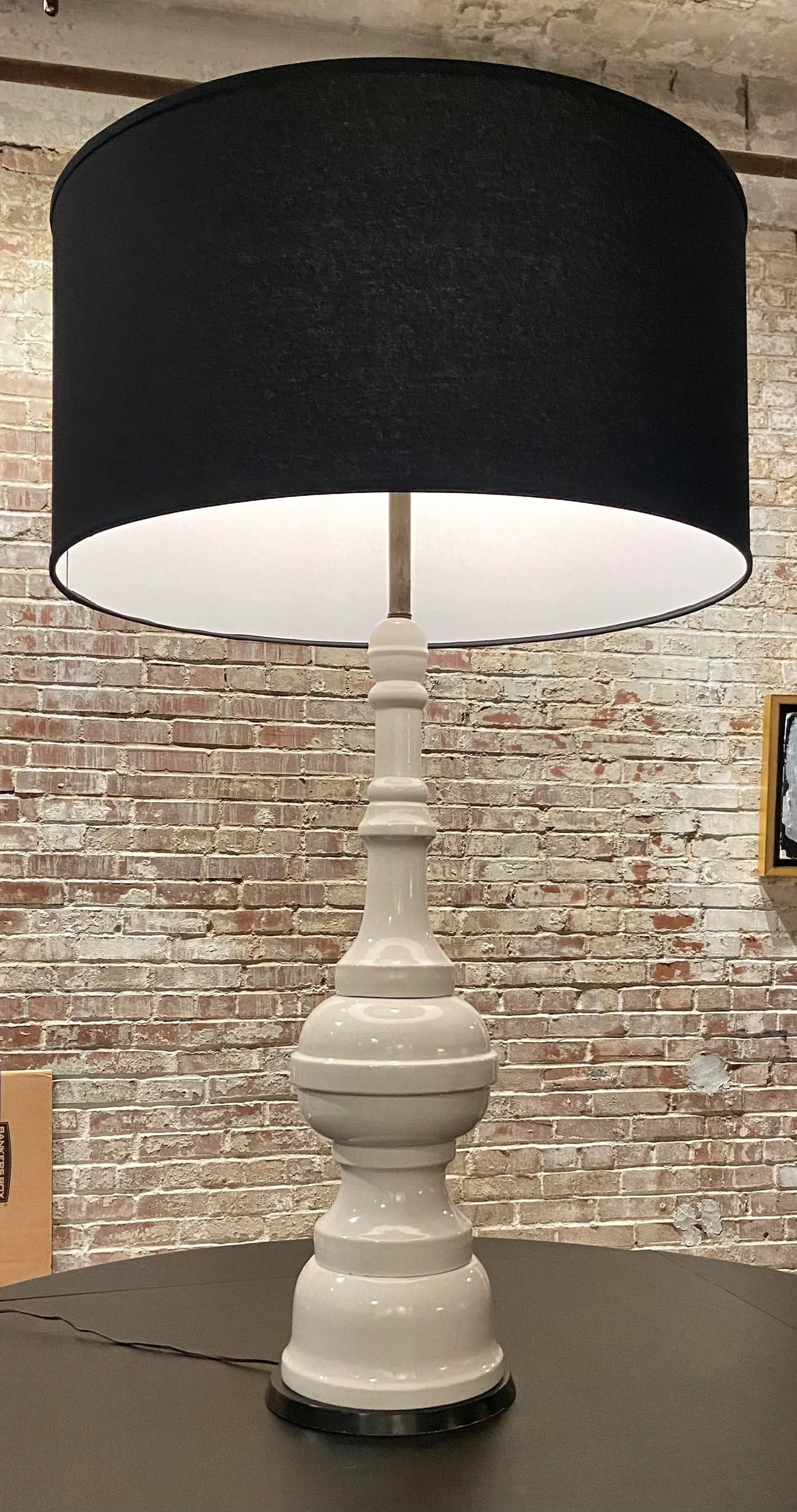 Large Midcentury Ivory Crackle Glaze Large Scale Lamp With Custom Shade - 2