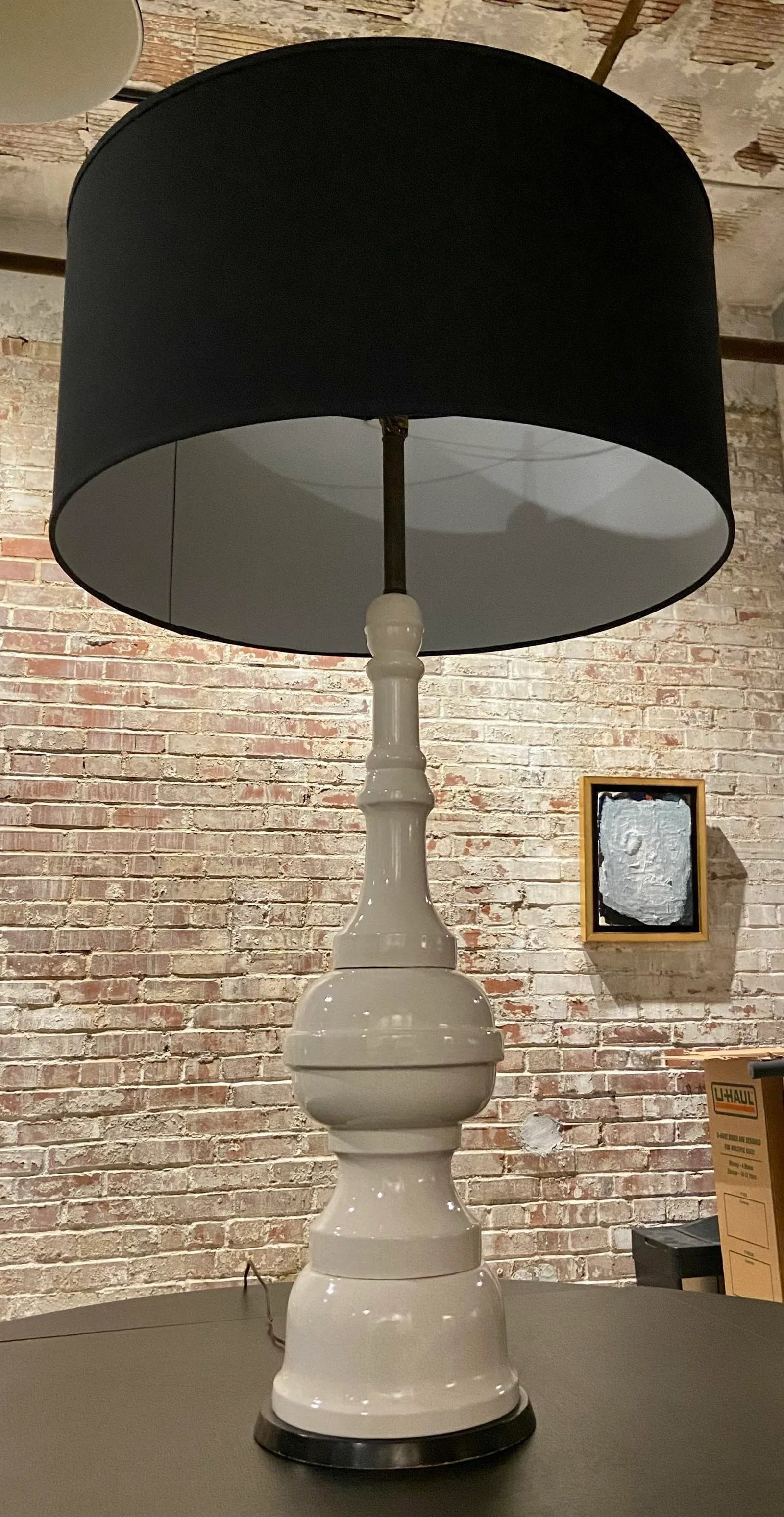 Large Midcentury Ivory Crackle Glaze Large Scale Lamp With Custom Shade - 3