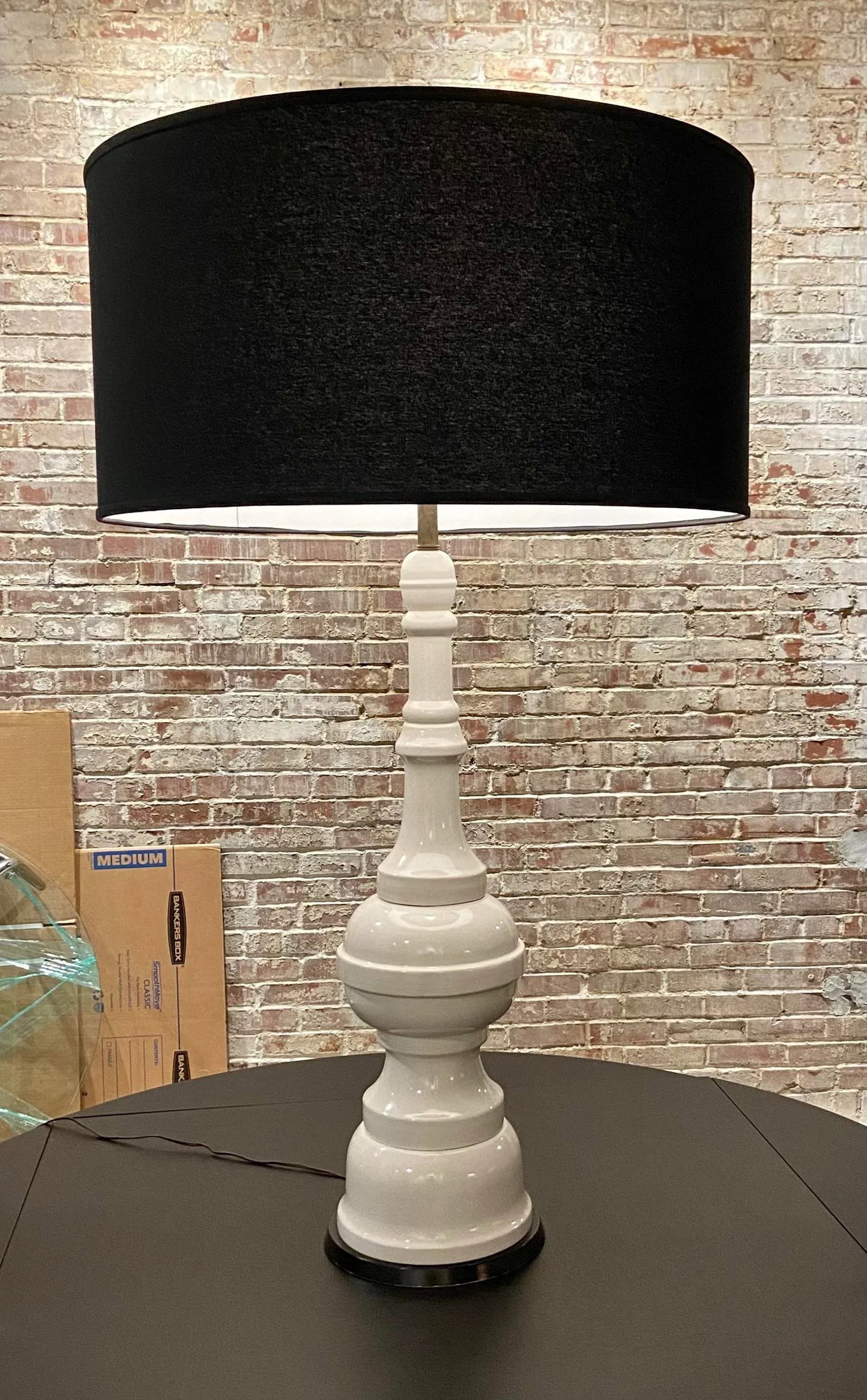Large Midcentury Ivory Crackle Glaze Large Scale Lamp With Custom Shade - 5