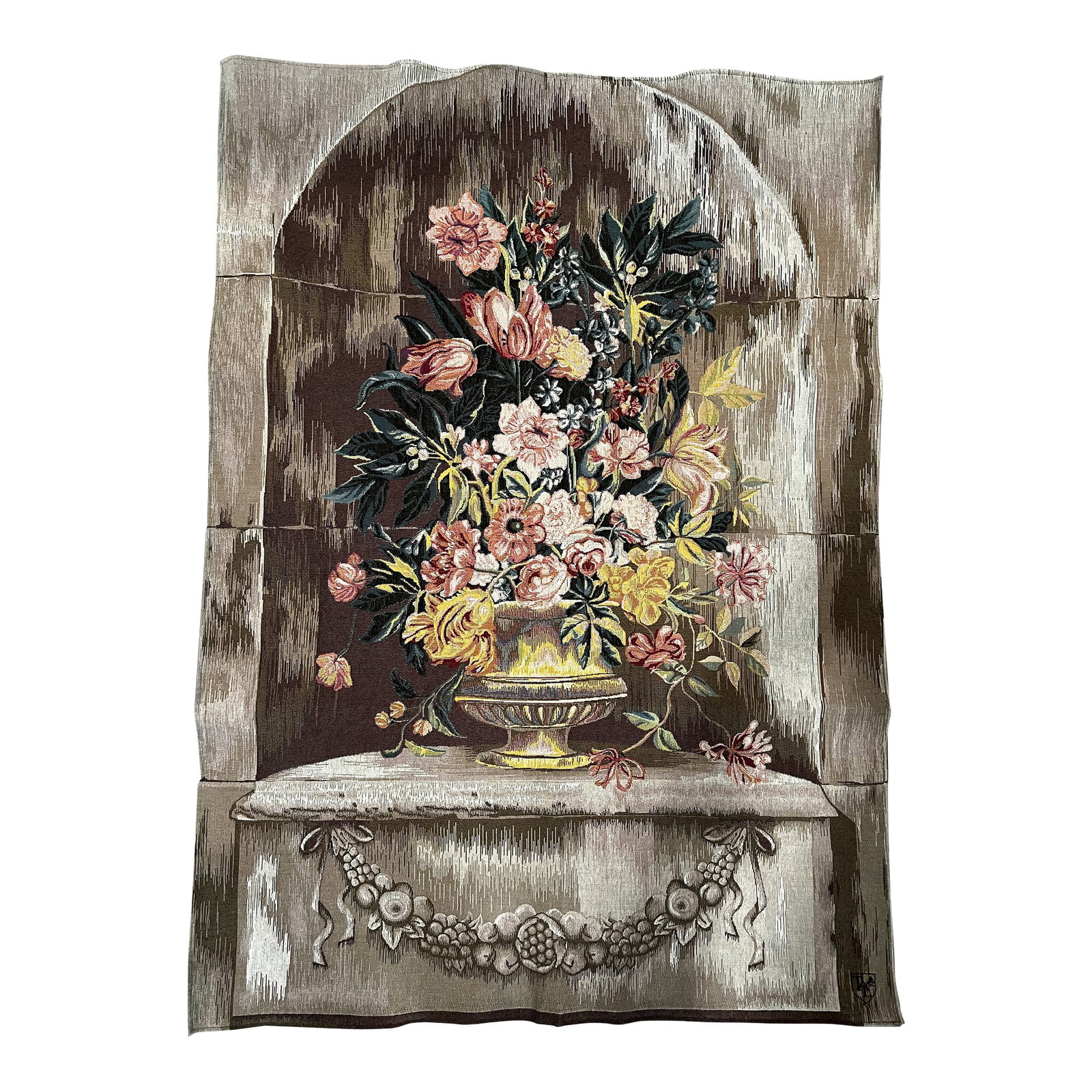 1990s Flower Vase Tapestry: The ceramic vase tapestry has vibrant colors in its arrangement of colors over the base. It is fully lined, with a rod pocket for easy hanging. Condition: Alterations: Original Condition Unaltered