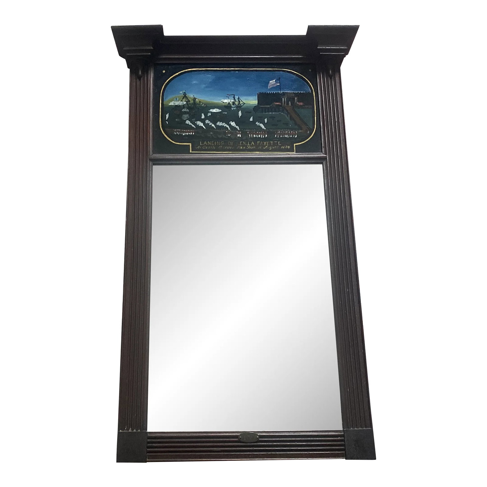 19th Century Hand Painted New York Harbor Federal Mirror: Listing is for a 19th century Federal wooden mirror with hand painted depiction of General Lafayette arriving back in New York harbor. I believe this was inspired by a Clews earthenware platter and