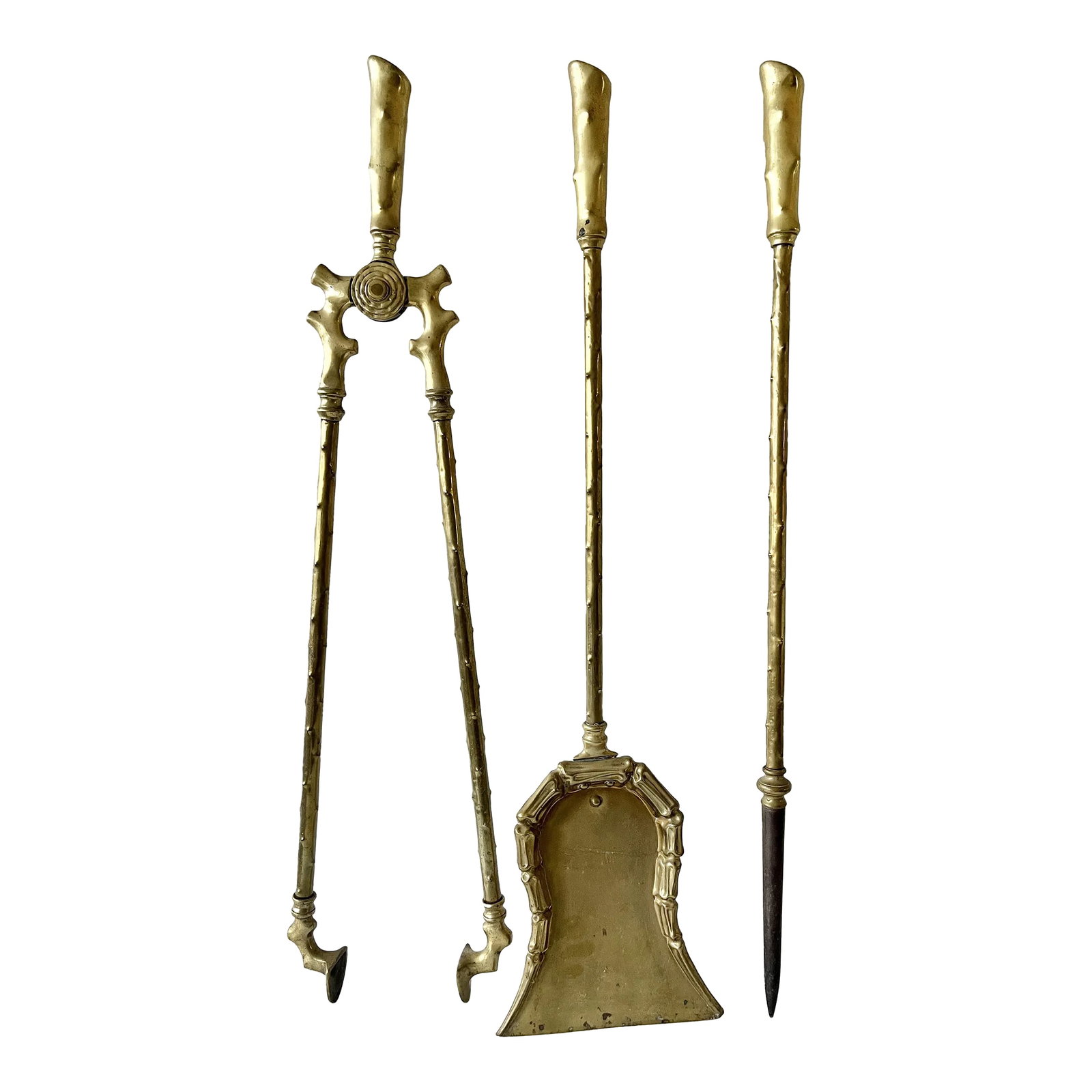 Circa 1920s Hollywood Regency Wood Branch-Form Cast Brass Fireplace Tools - Set of 3 (1 of 11)