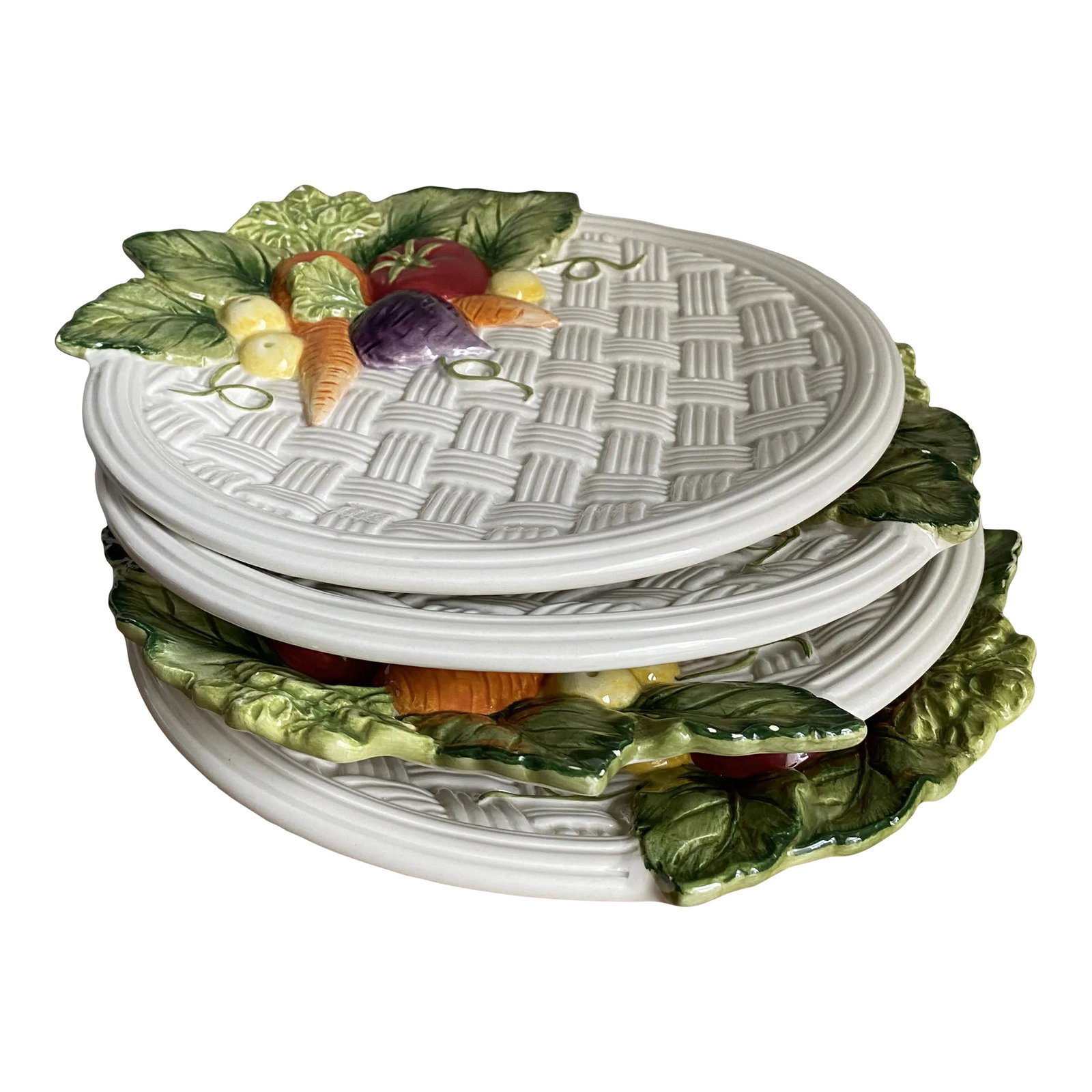 Late 20th Century Fitz and Floyd Tromp L'oiel Vegetable Plates- Set of 4: What could be more charming than these rustic Fitz and Floyd Plates in a woven pattern with veggies piled up on the rim? There are tomatoes, carrots, lettuce and purple beets. This set of 4 is sure to