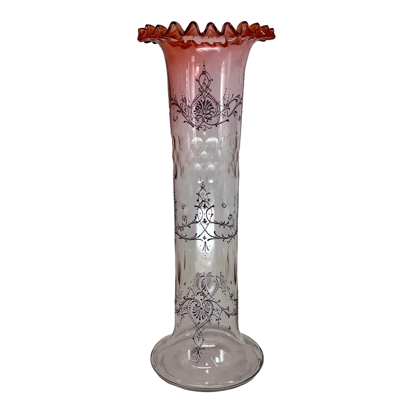Antique Bohemian Cut and Enamel Vase: Antique Bohemian cut and enameled vase attributed to Moser glassworks. Cranberry to very pale lavender color. Hand blown, cut and painted in Bohemia (present day Check Republic) at the turn of