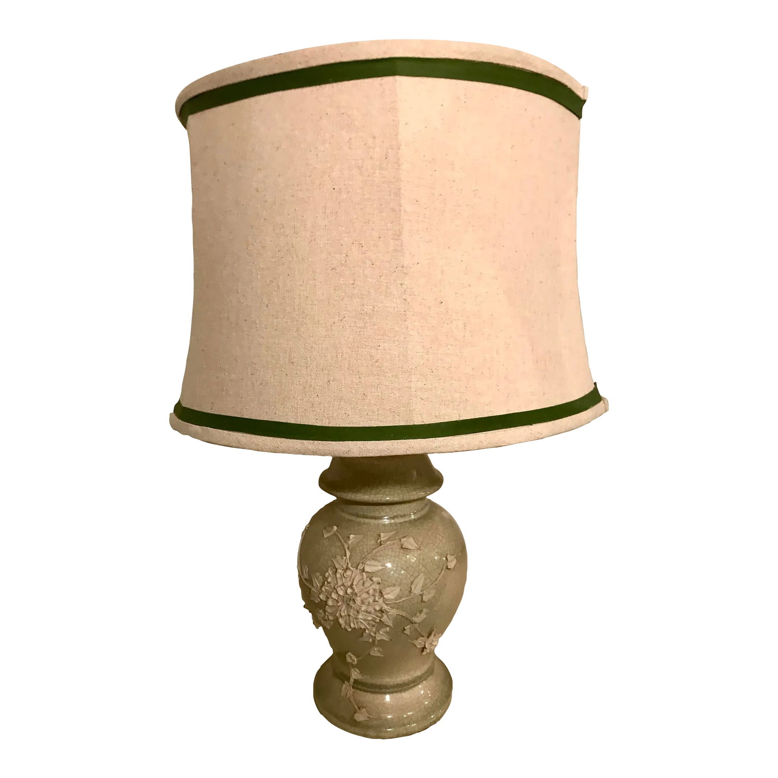 1940's Chinoiserie Chic Celadon Ginger Jar Table Lamp With White Floral Relief and New Custom Linen (1 of 7)