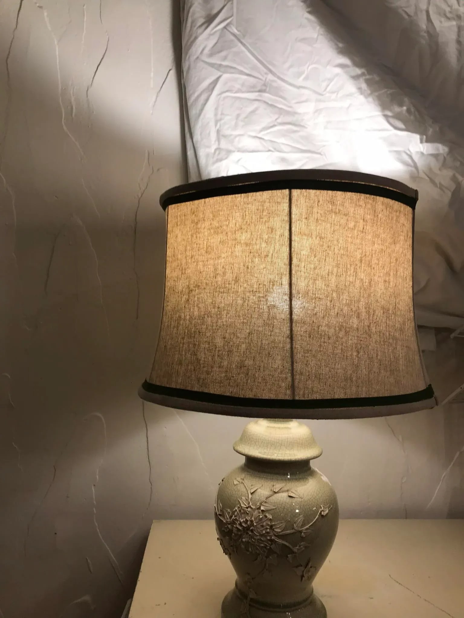 1940's Chinoiserie Chic Celadon Ginger Jar Table Lamp With White Floral Relief and New Custom Linen - 2