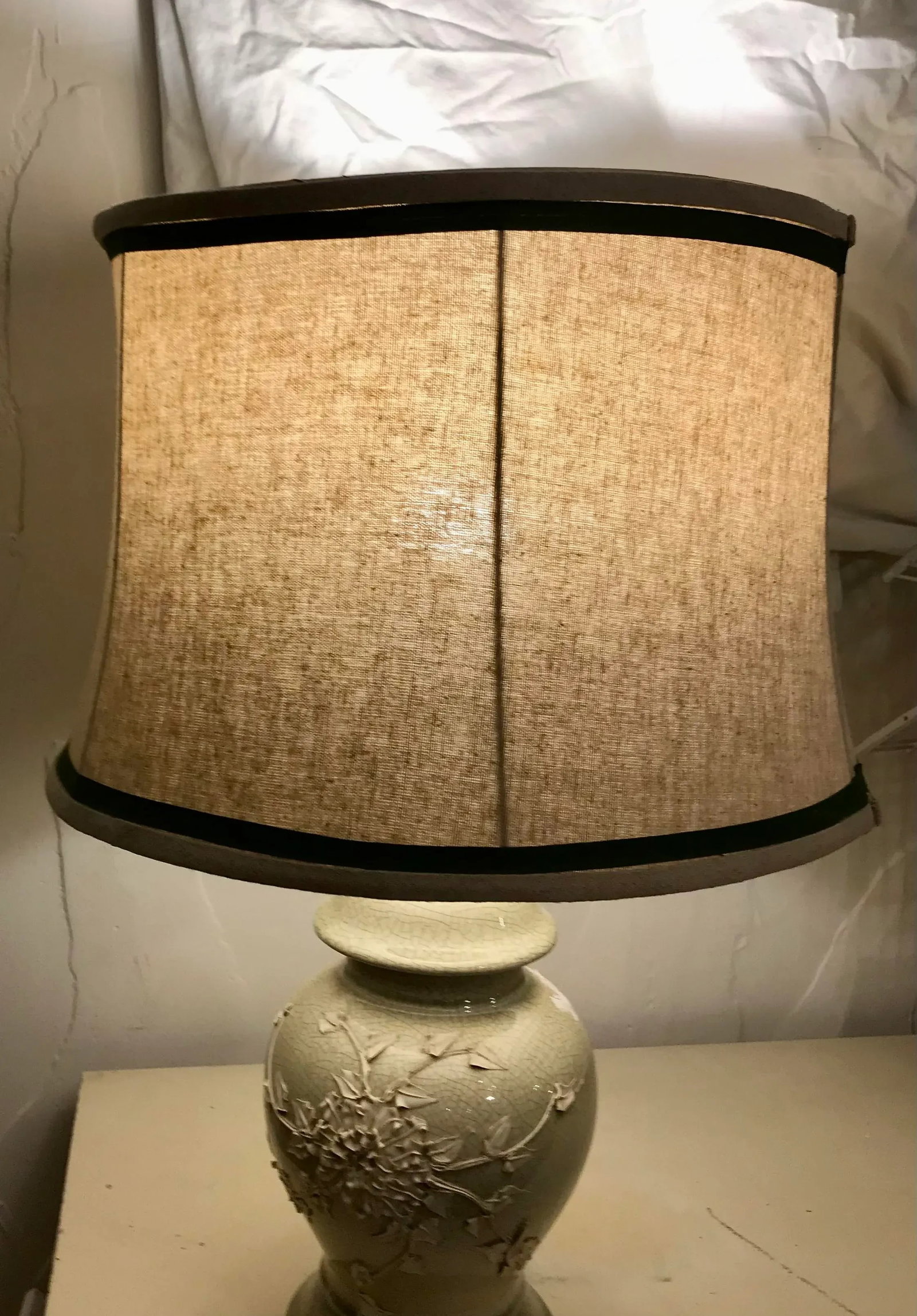 1940's Chinoiserie Chic Celadon Ginger Jar Table Lamp With White Floral Relief and New Custom Linen - 3