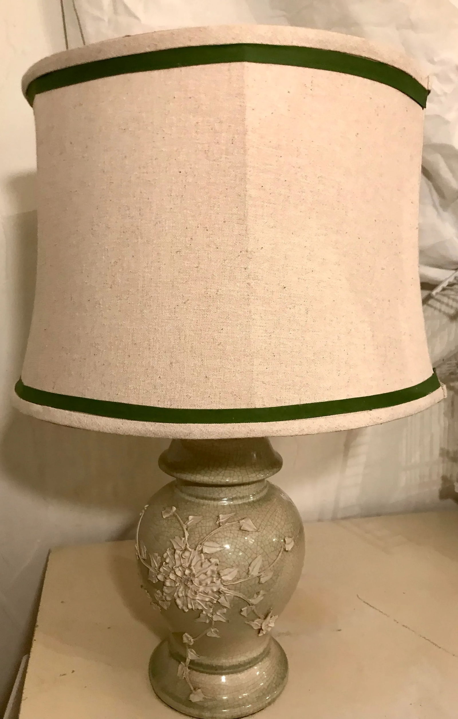 1940's Chinoiserie Chic Celadon Ginger Jar Table Lamp With White Floral Relief and New Custom Linen - 4