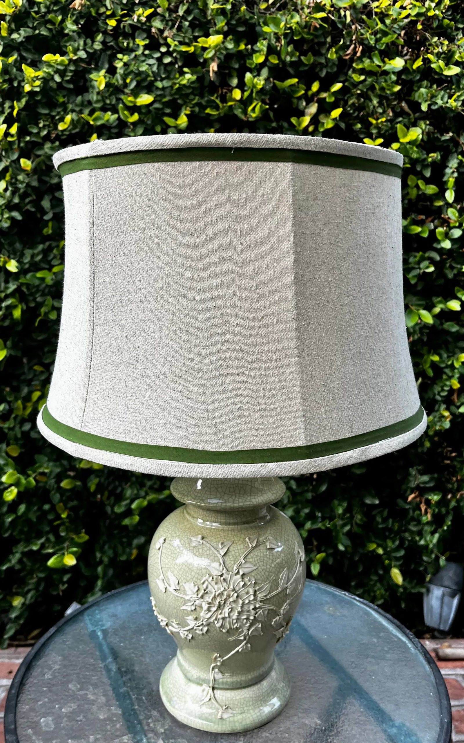 1940's Chinoiserie Chic Celadon Ginger Jar Table Lamp With White Floral Relief and New Custom Linen - 5