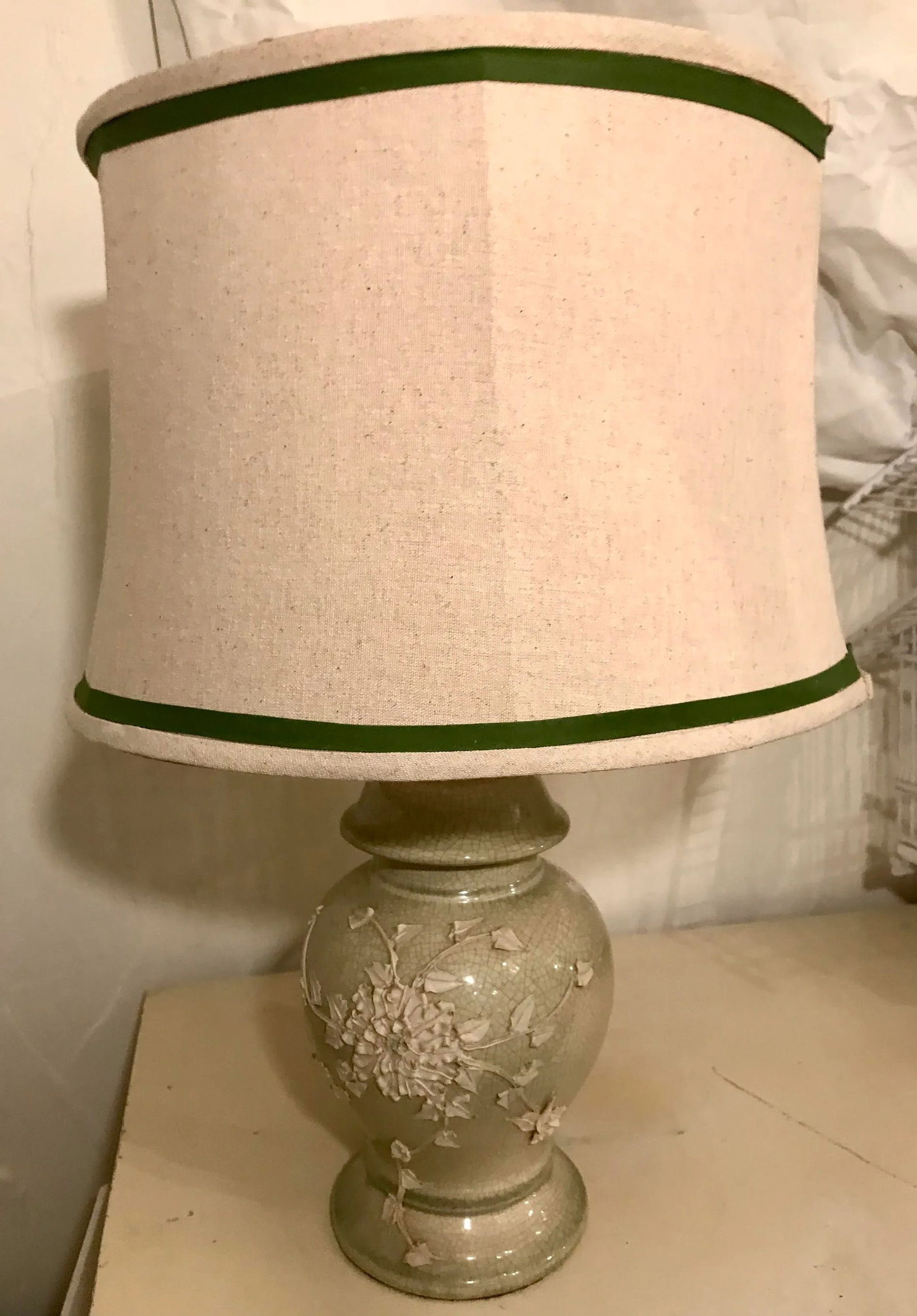 1940's Chinoiserie Chic Celadon Ginger Jar Table Lamp With White Floral Relief and New Custom Linen - 7
