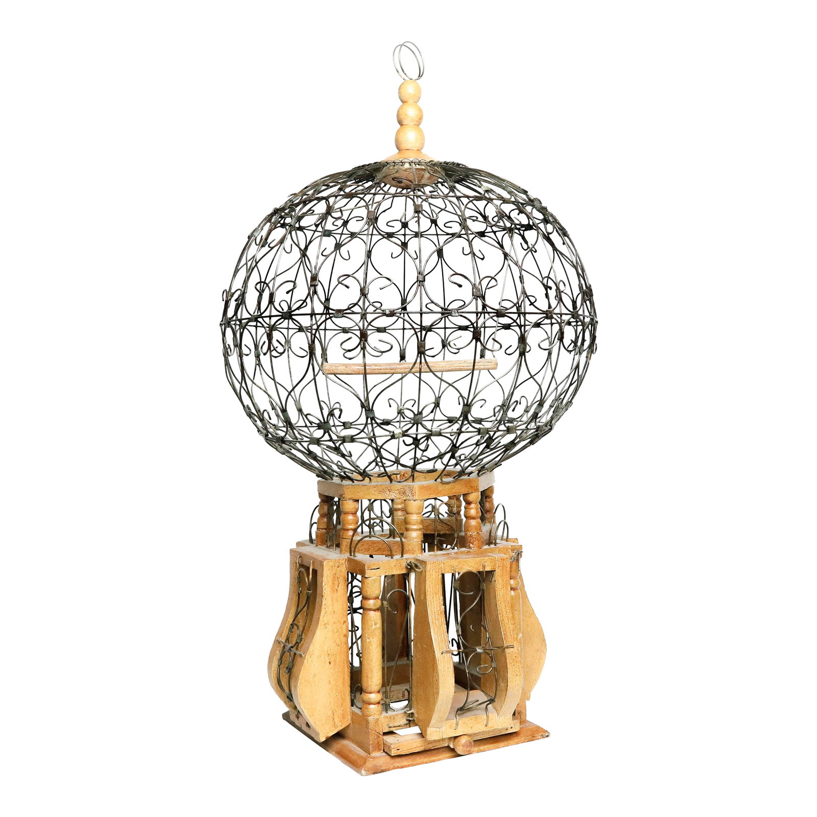 Mid 20th Century Victorian Style "Balloon" Bird Cage Wood and Iron: 20th Century Victorian style wood and iron "Balloon" bird cage & feeder. This ornamental piece features stained wood with wrought iron "Balloon" form cage. The bottom pullout / pull-out feeder drawer 