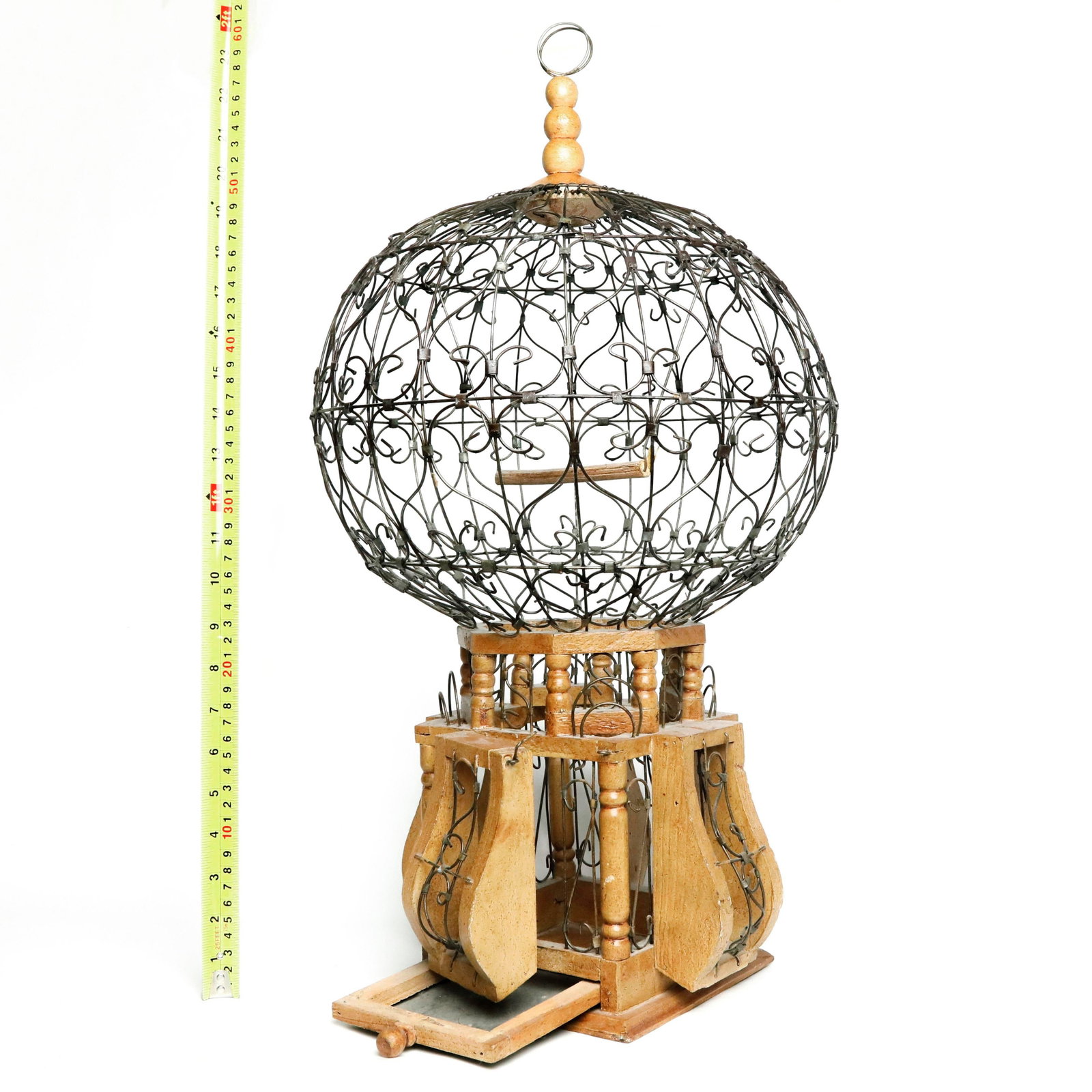 Mid 20th Century Victorian Style "Balloon" Bird Cage Wood and Iron - 2