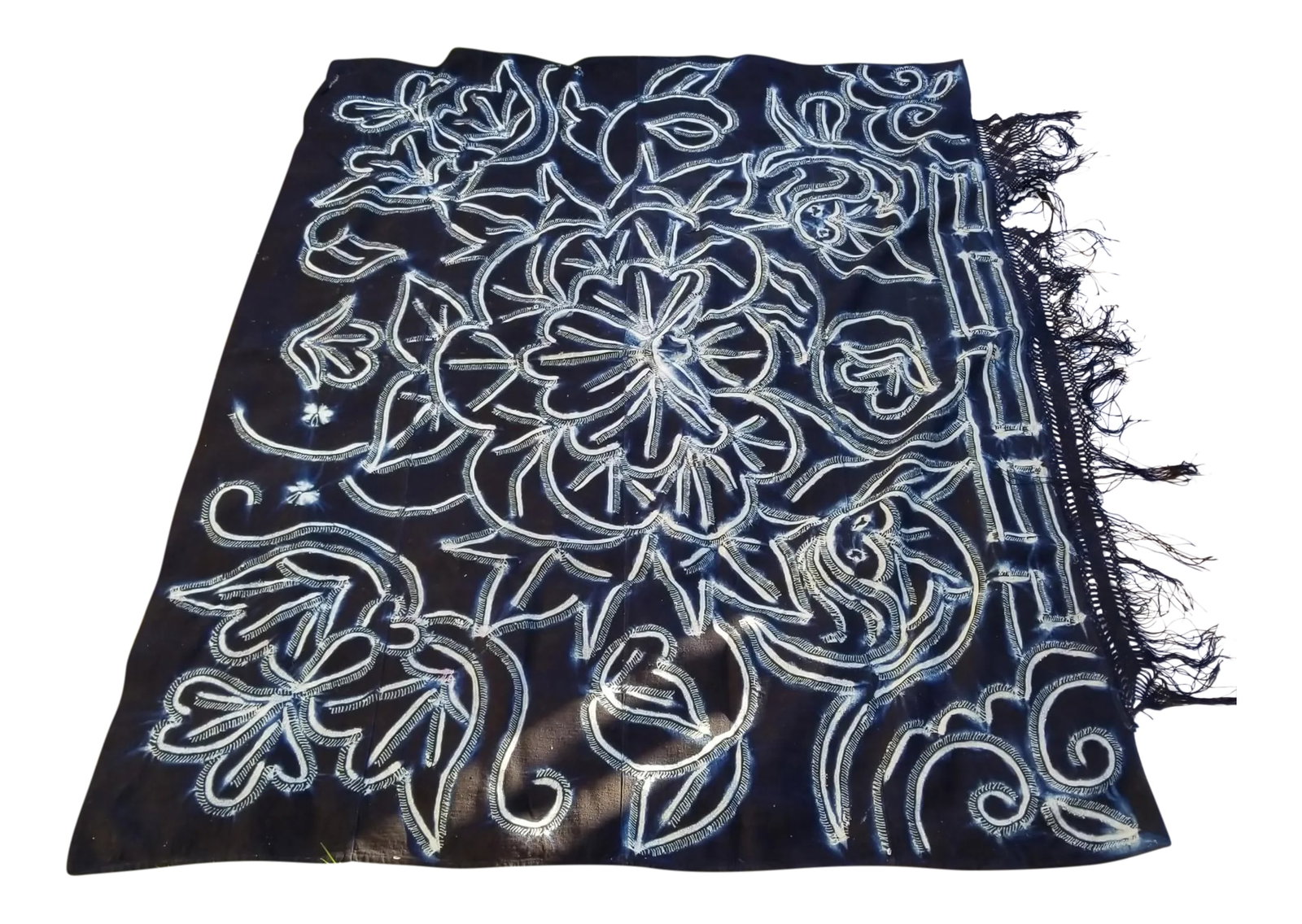 Hand Batik Tribal Fringed Wall Hanging: A large hand woven wall hanging with fringed bottom. Hand batiked by the Yao hill tribe people. Vintage Condition: Condition Notes: Excellent - Minor wear consistent with age and history Materials