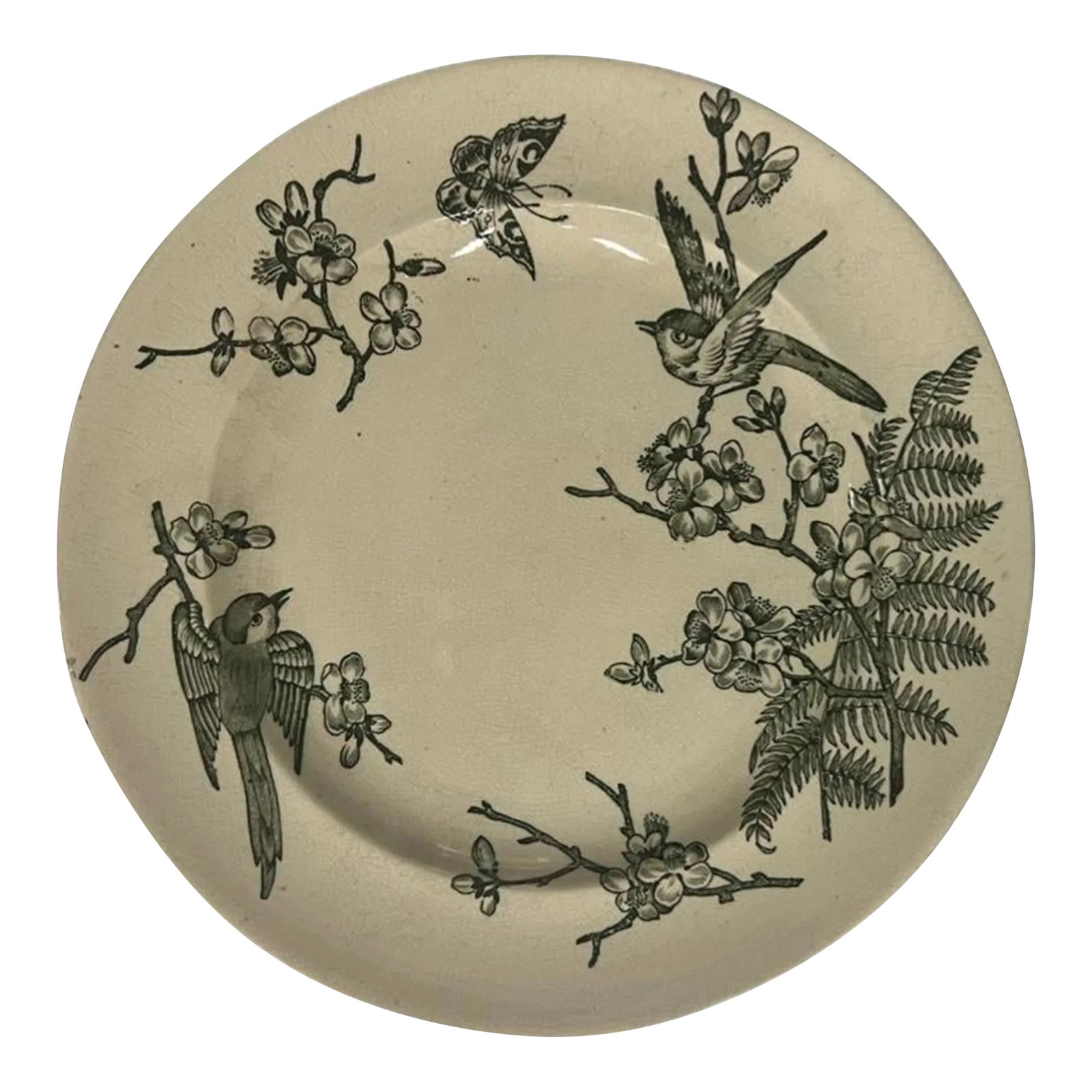 Antique Late 19th Century Earthenware Ferns and Birds Individual Plate by Ford & Riley, Green and Wh: Antique Earthenware Ferns and Birds Individual Plate by Ford & Riley, Green and White, 10.5" diameter Stamp reads: "Ferns. Trade Mark. F&R, B" Green Transferware Plate Made in the Staffordshire