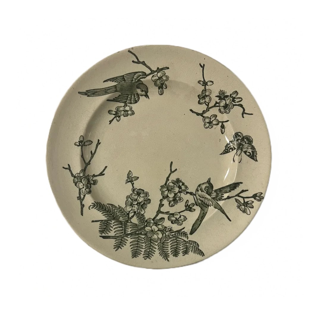 Antique Late 19th Century Earthenware Ferns and Birds Individual Plate by Ford & Riley, Green and Wh - 3