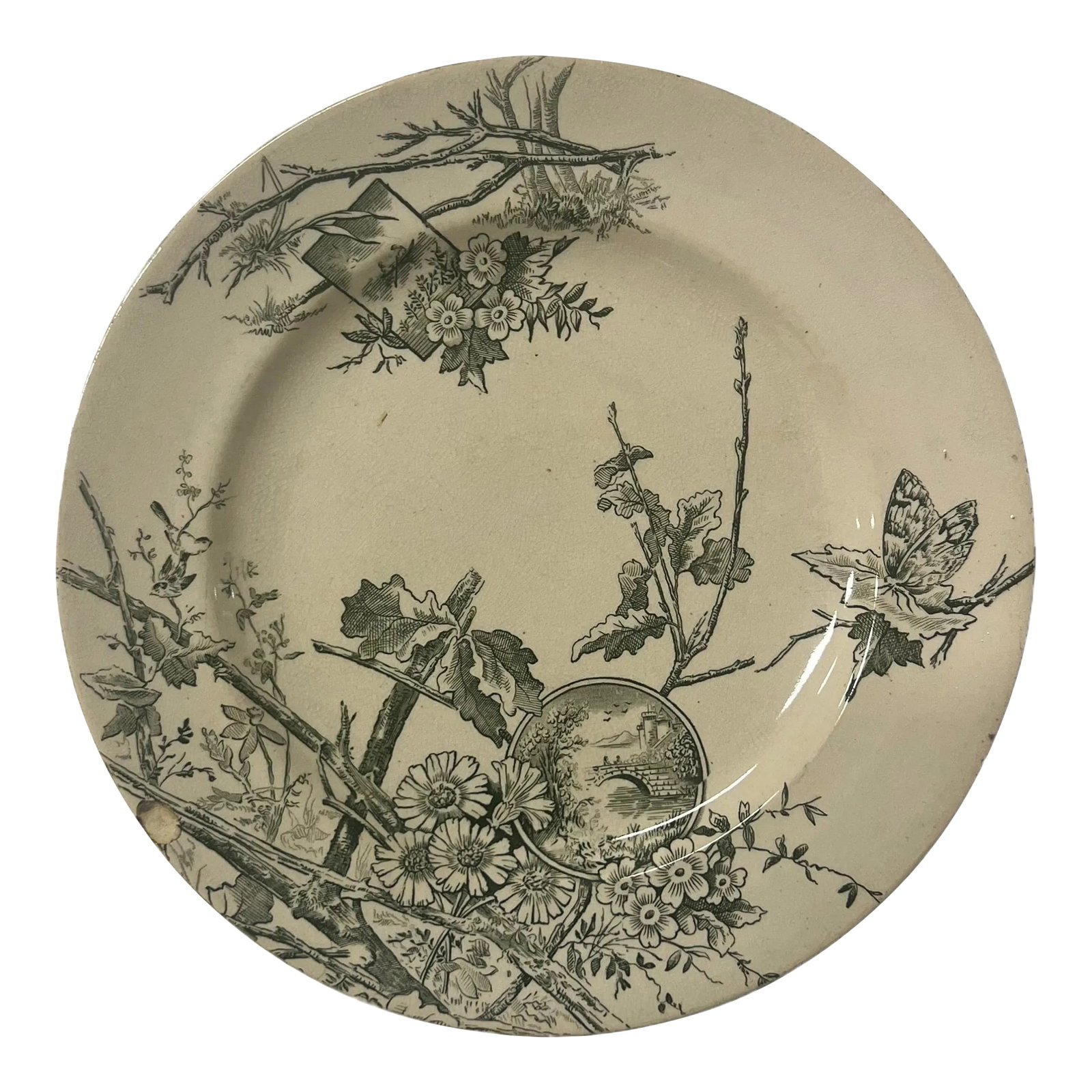 Antique Late 19th Century W&H Aesthetic Movement Green and White Transferware Plate: Antique W&h Worhtington and Harrop Aesthetic Movement Green and White Transferware Plate Measures: 9.75" diameter Has one small chip Condition: Alterations: Original Condition Unaltered