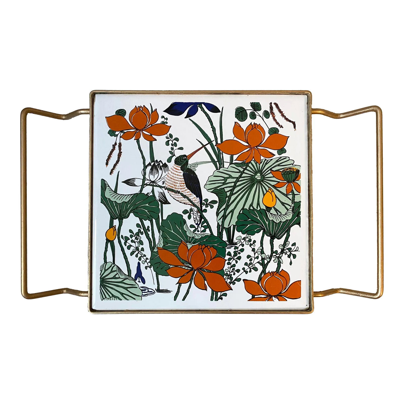 Vintage Tile Trivet: Beautiful boho design of a bird with botanicals. Ceramic tile enclosed in a gold metal frame. Lovely colors! Condition: Alterations: Restored Imperfections: Some Imperfections Condition Notes: Tile