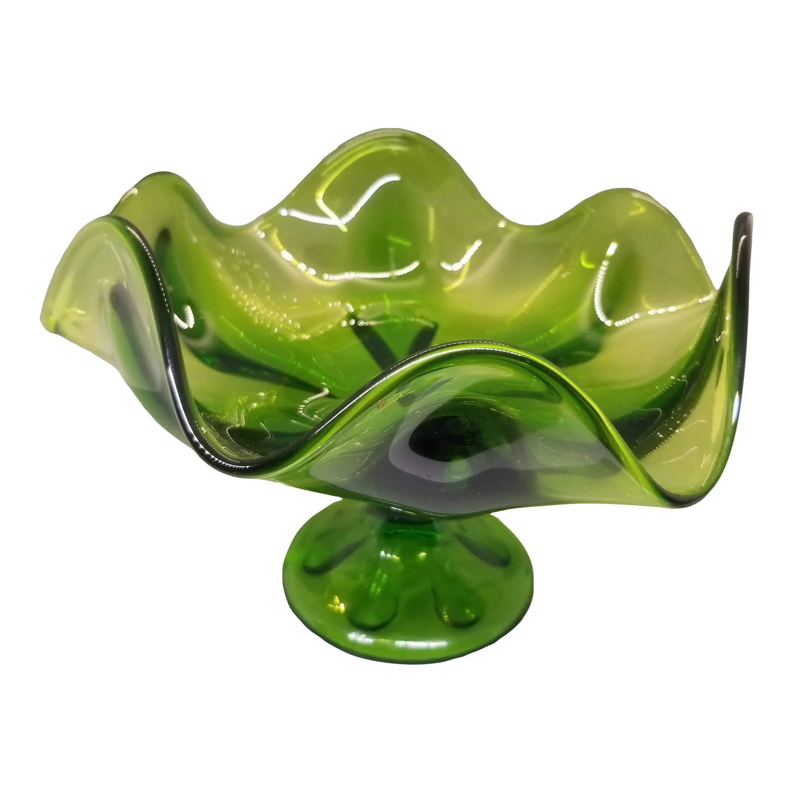 Vtg MCM Viking Swung Handkerchief Glass Pedestal Compote Candy Dish Lime Green: VTG MCM Viking Swung Handkerchief Glass Pedestal Compote Candy Dish Lime Green Condition: Alterations: Original Condition Unaltered Imperfections: Some Imperfections Condition Notes: Used, vintage