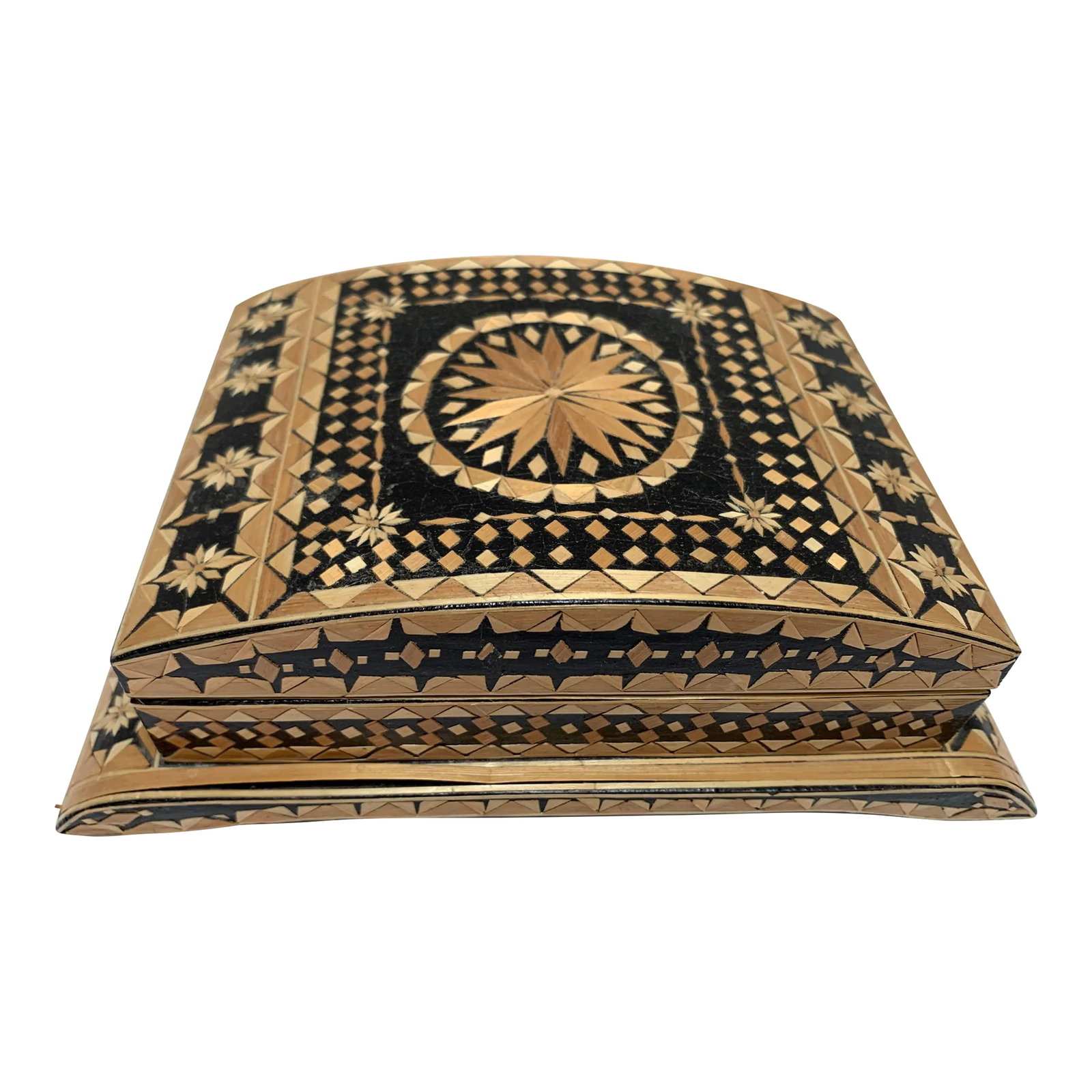 Vintage Folk Art Handcrafted Velvet Lined Box: Vintage handmade folk art decor or jewel box in black and tan wood inlay geometric design pattern. Velvet lined interior. Made in Albania. Condition: Alterations: Original Condition Unaltered