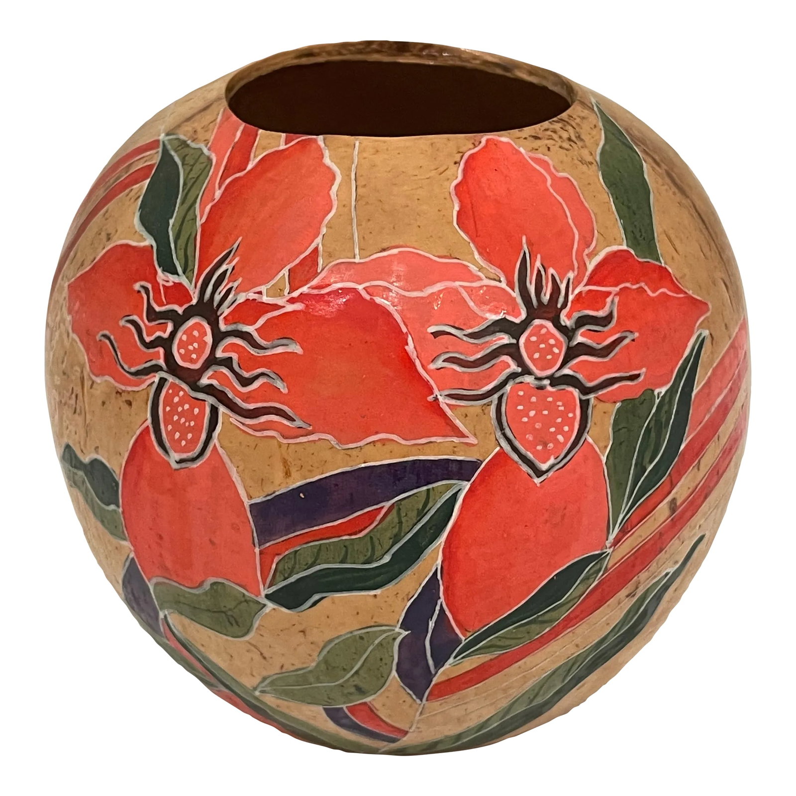 1980's Handcrafted Painted Malaysian Vase: This folk art vase was handcrafted in Malaysia. Very lightweight with vibrant colors. Condition: Alterations: Original Condition Unaltered Imperfections: Some Imperfections Condition Notes: No apparen