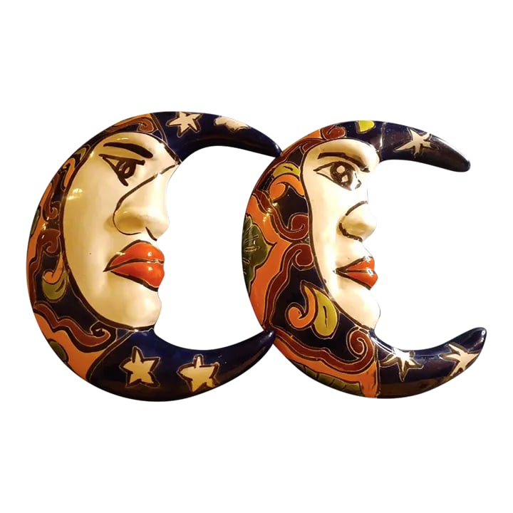 Pair of Vintage Talavera Mexican Folk Art Moon Face Decor: This is a GORGEOUS Pair of Talavera Mexican Folk Art 8" Moon Face Decor. Numerous other Talavera & Tonala ceramic items sold separately. Procured during personal travel TRUNK Condition: Alterations: