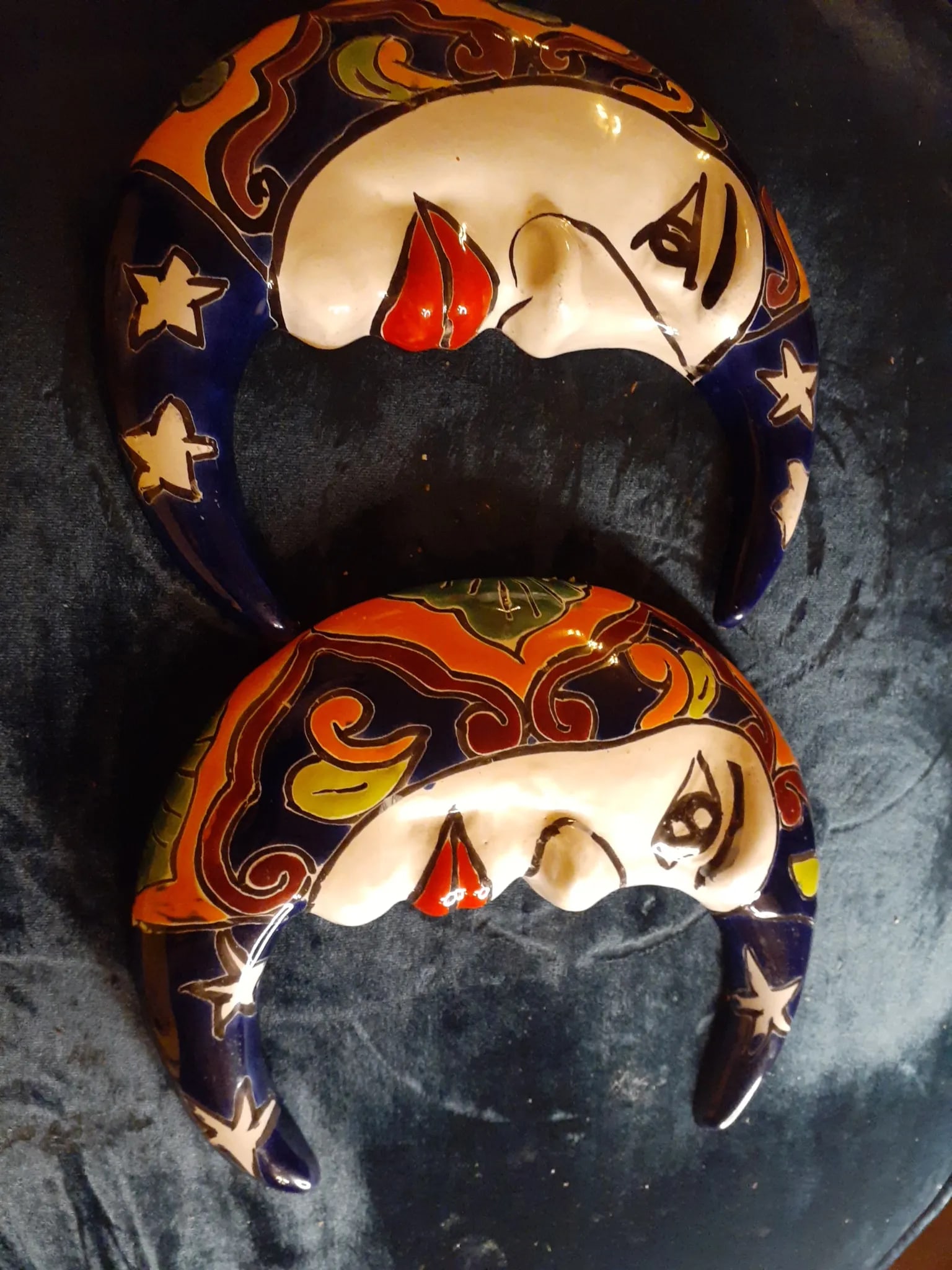 Pair of Vintage Talavera Mexican Folk Art Moon Face Decor - 2