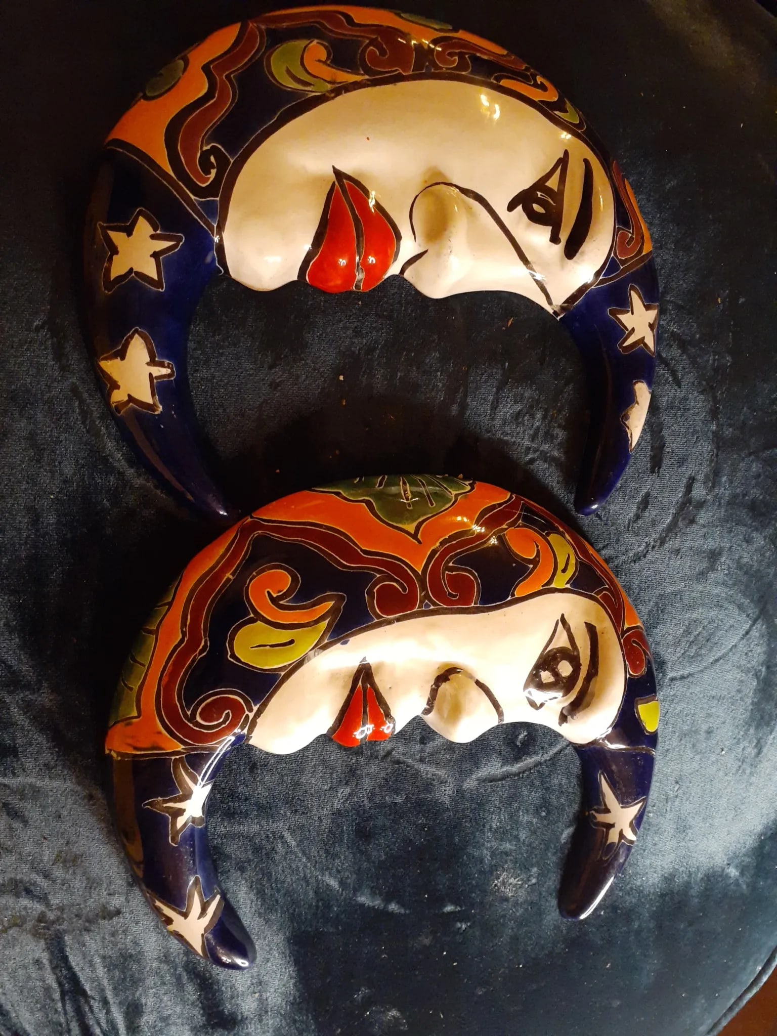 Pair of Vintage Talavera Mexican Folk Art Moon Face Decor - 4