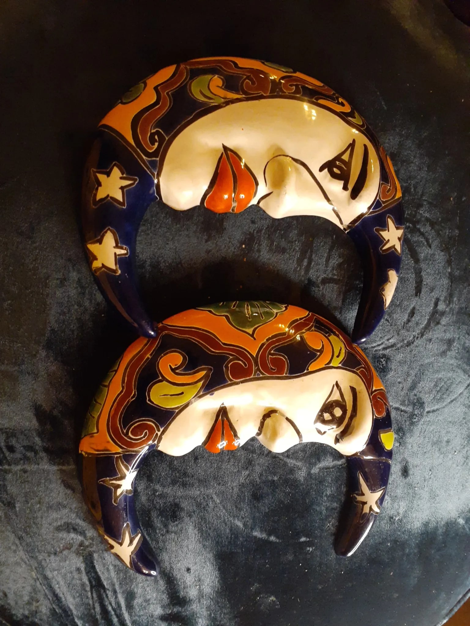 Pair of Vintage Talavera Mexican Folk Art Moon Face Decor - 6