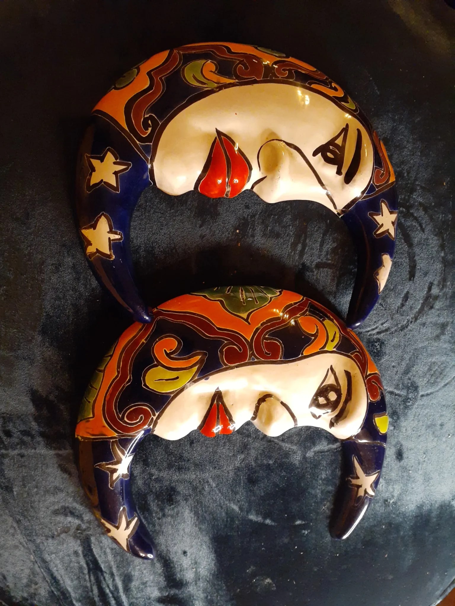 Pair of Vintage Talavera Mexican Folk Art Moon Face Decor - 7