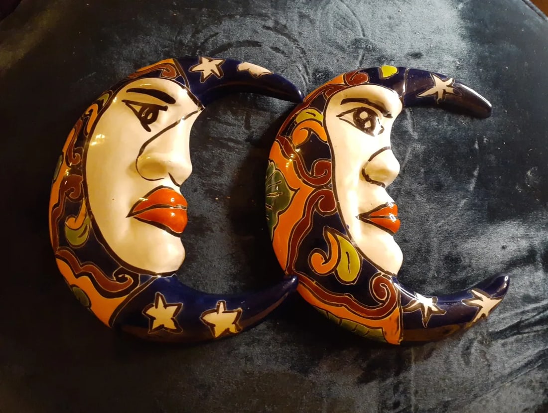 Pair of Vintage Talavera Mexican Folk Art Moon Face Decor - 8