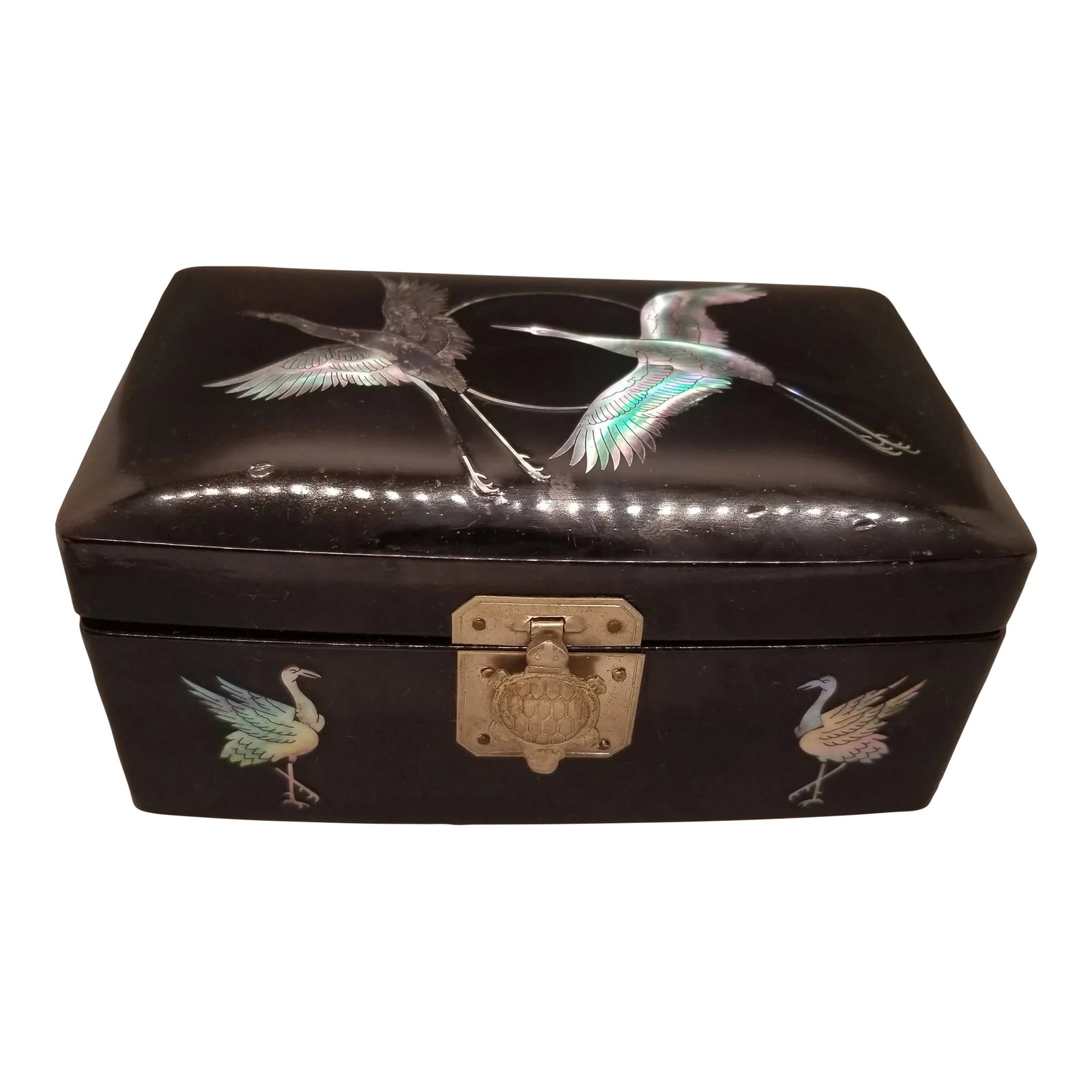 Vintage Asian Mother of Pearl Crain Encrusted Jewelry Box: Vintage Mother of Pearl Jewelry Box, Asian Condition: Alterations: Original Condition Unaltered Imperfections: Some Imperfections Condition Notes: Age,vintage Materials & Techniques: Mother-of-Pea