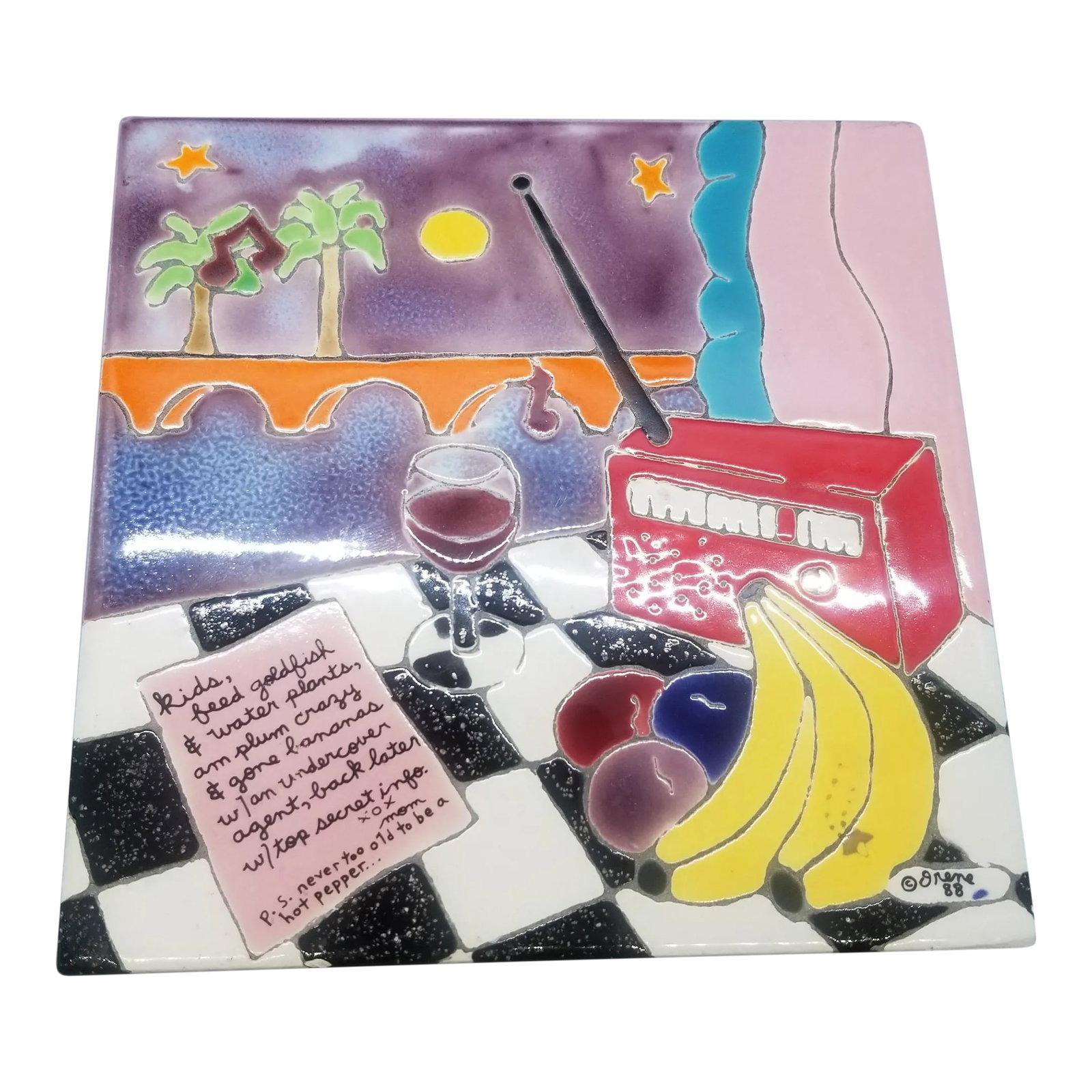 Vintage-Mid Century Modern- MCM Painted Ceramic Tile-Wall Hanging: Vintage-Mid Century Modern- MCM Painted Ceramic Tile-Wall Hanging Condition: Alterations: Original Condition Unaltered Imperfections: Some Imperfections Condition Notes: Age,vintage Materials &