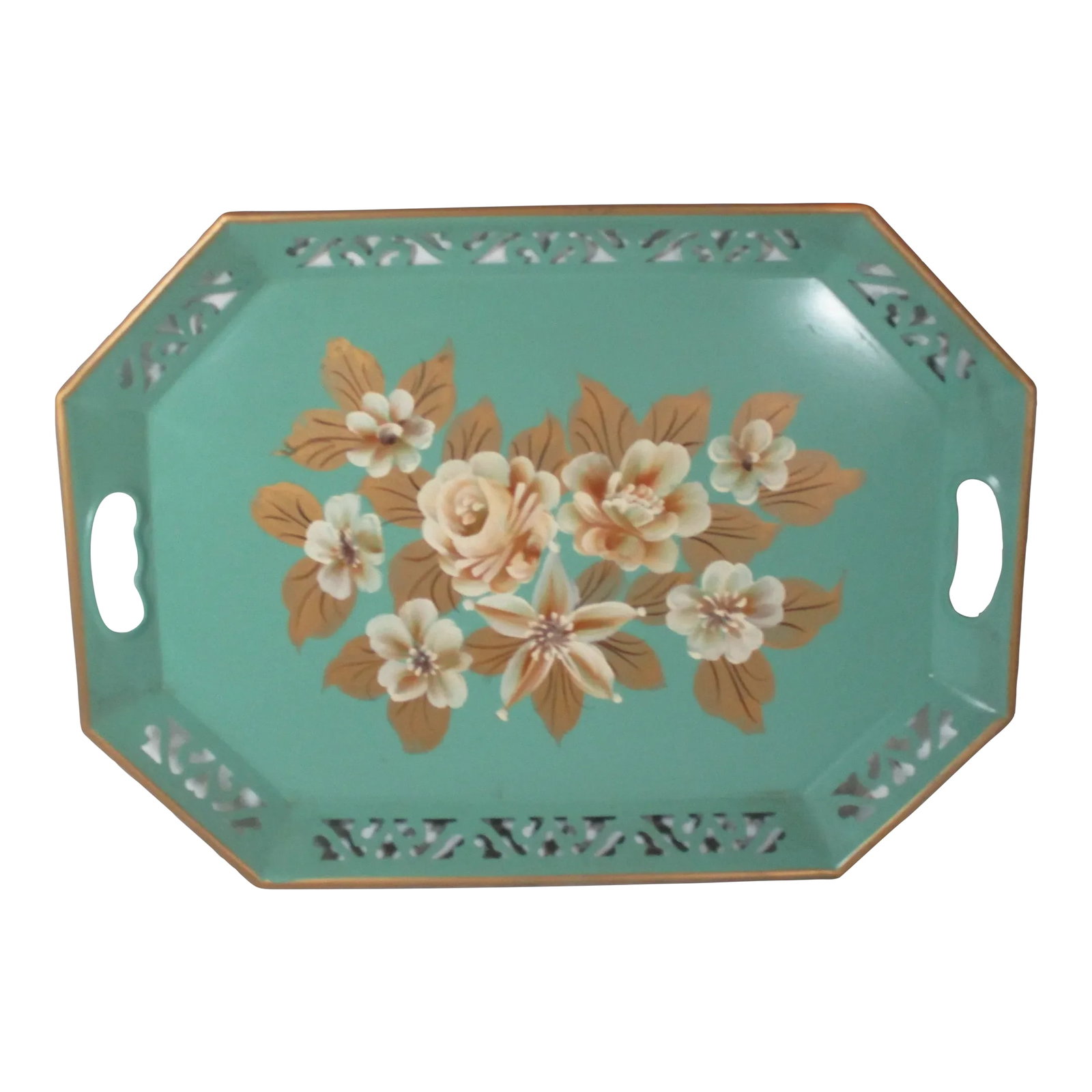 1950s Vintage Hand-Painted Floral Tole Tray: Vintage hand-painted mint green tole tray with a decorative reticulated boarder. The center is decorated with ivory and beige flowers with gold leaves. An impressive tray to serve beverages or