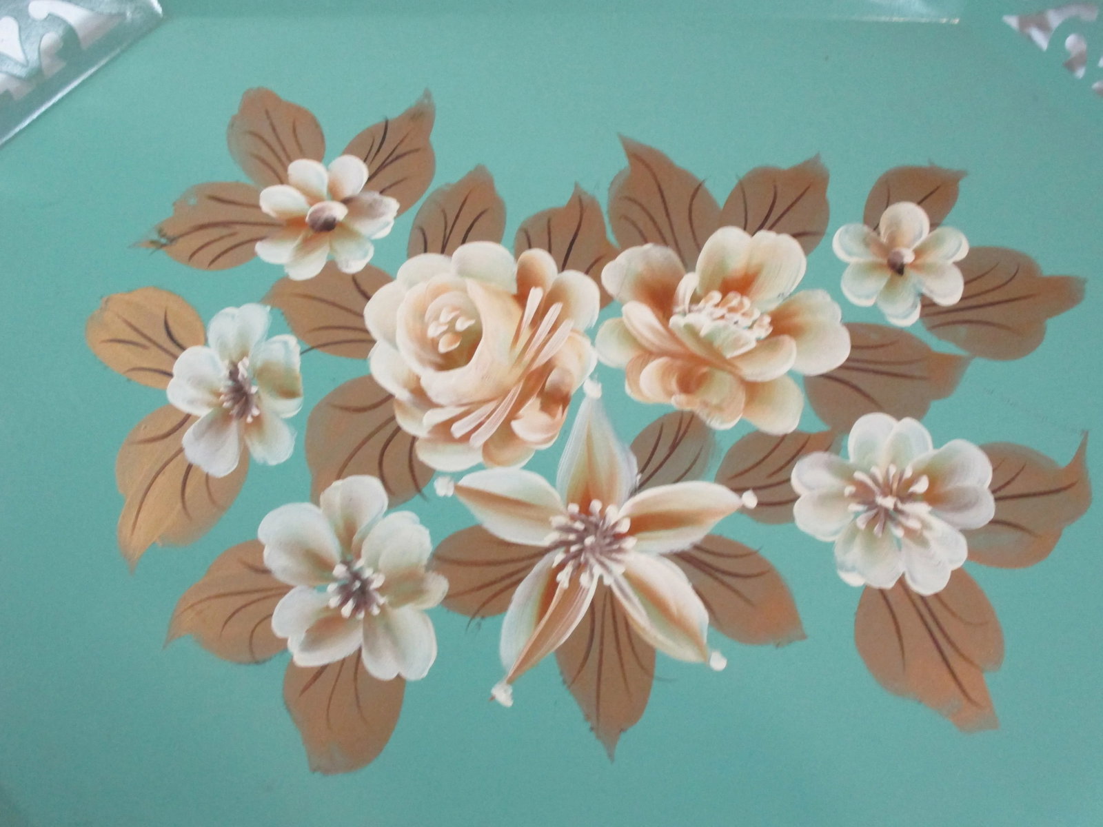 1950s Vintage Hand-Painted Floral Tole Tray - 2