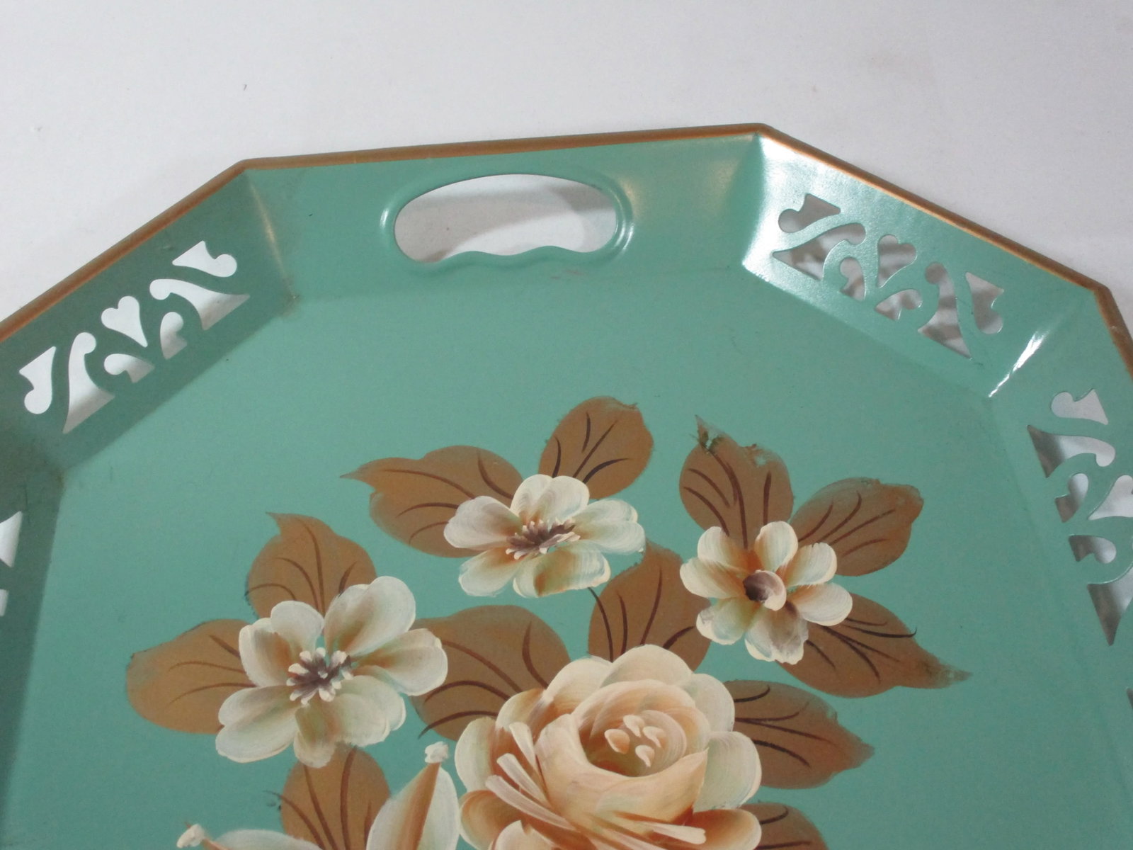 1950s Vintage Hand-Painted Floral Tole Tray - 4