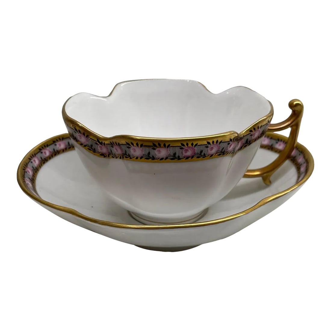 Antique Bavarian Demitasse Tea Cup & Saucer with Pink Rose with Black & Gilt Gold Trim: Antique Bavarian Demitasse Tea Cup & Saucer with Pink Rose with Black & Gilt Gold Trim The bottom says: 1814-1914 CMHR Hutschenreuther, Hohenberg, Bayern (state of Bavaria). Condition: Alterations: