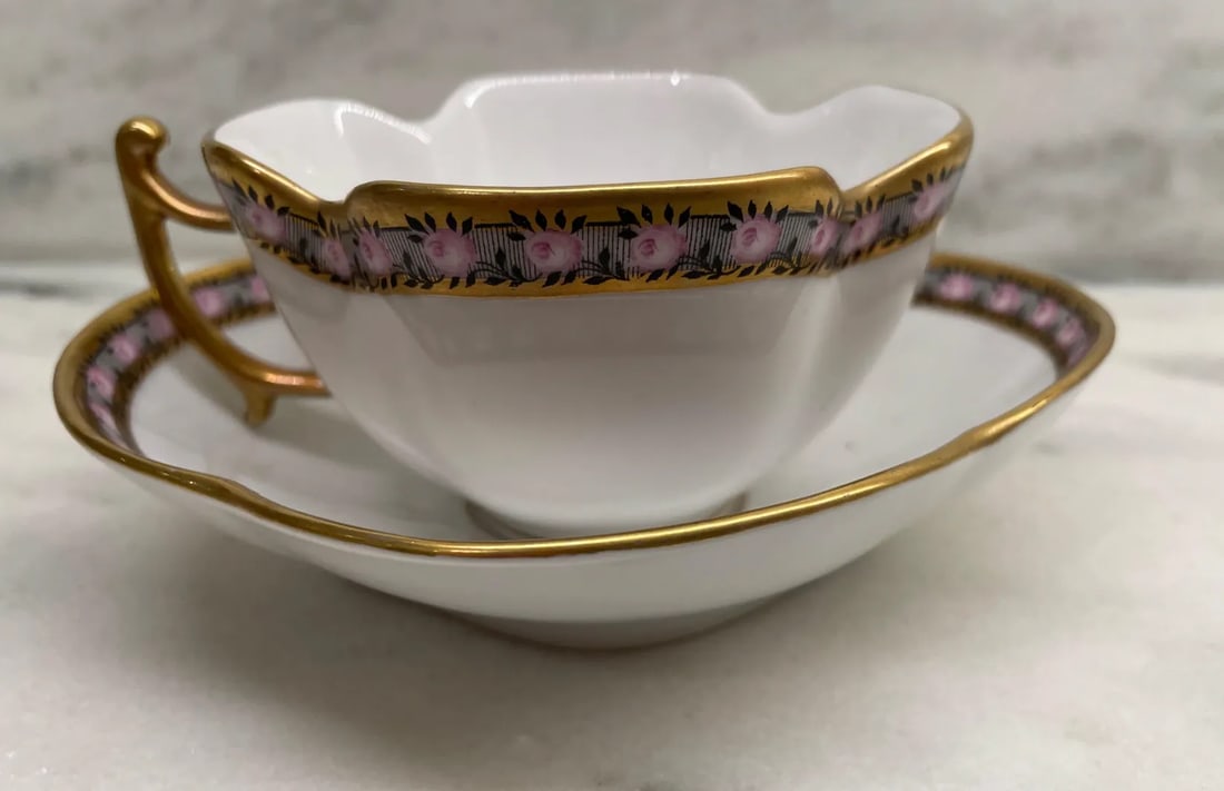 Antique Bavarian Demitasse Tea Cup & Saucer with Pink Rose with Black & Gilt Gold Trim - 2